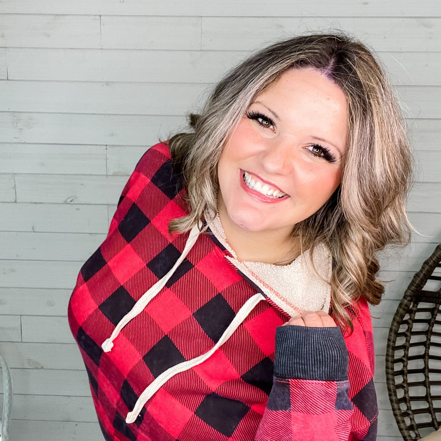 Checkered Sherpa Lined Hoodie (Black and Red)