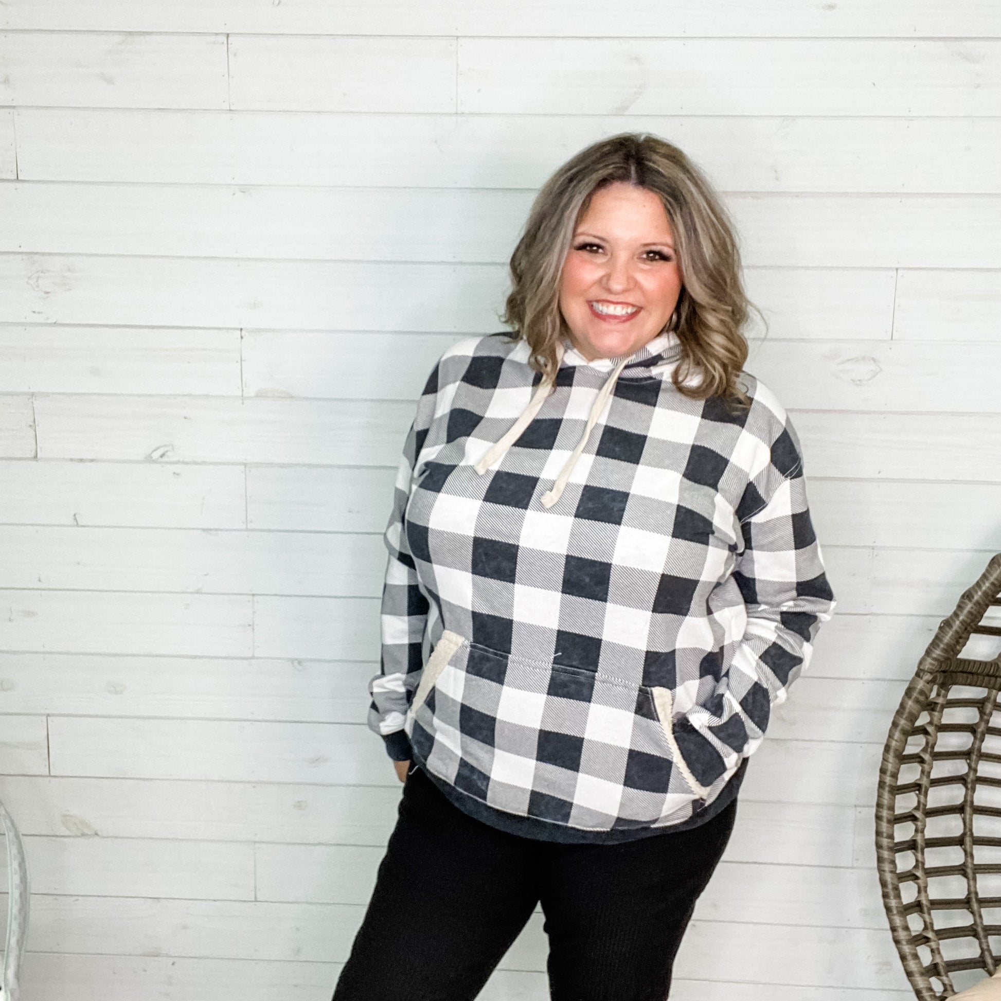 Checkered Sherpa Lined Hoodie (Black and White)