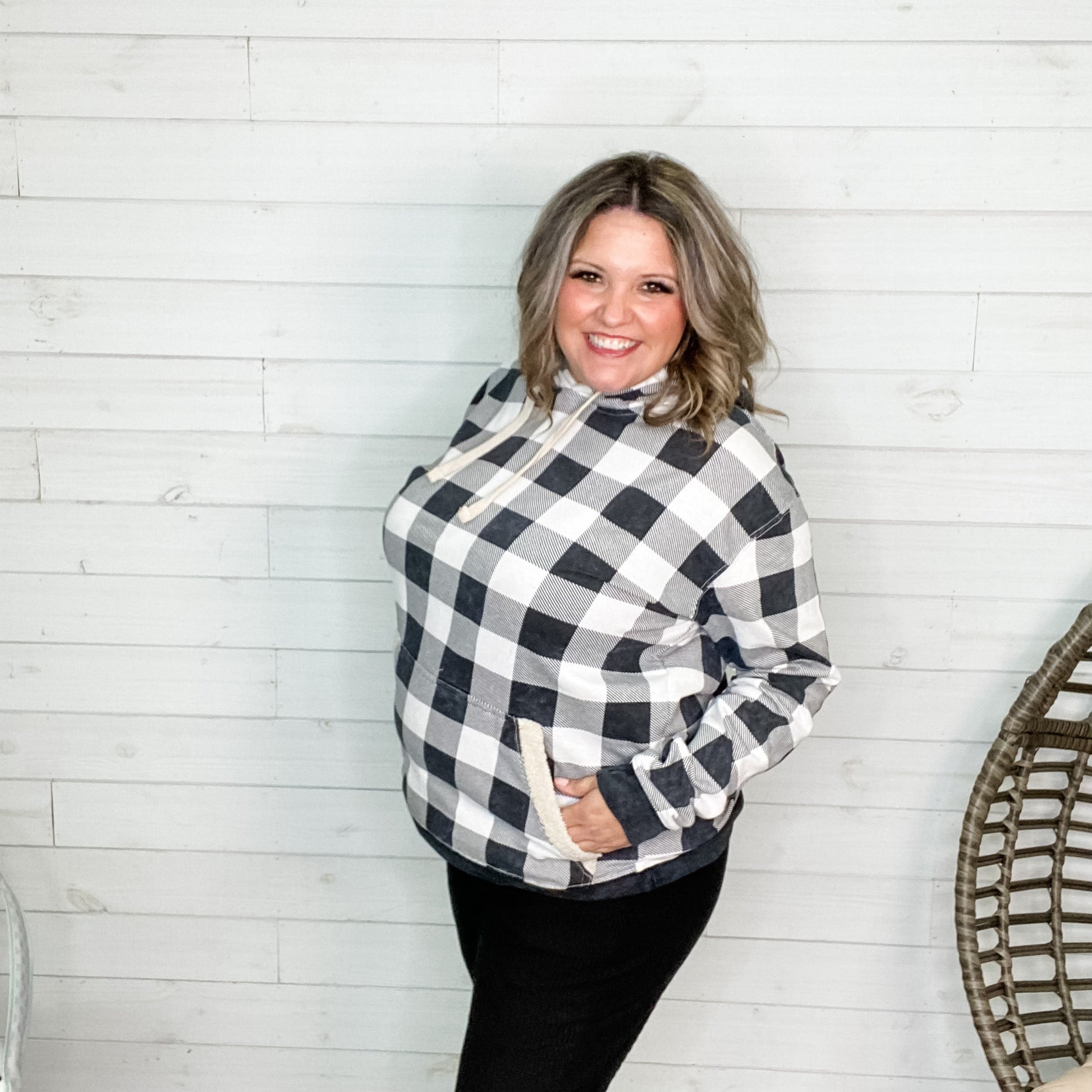 Checkered Sherpa Lined Hoodie (Black and White)