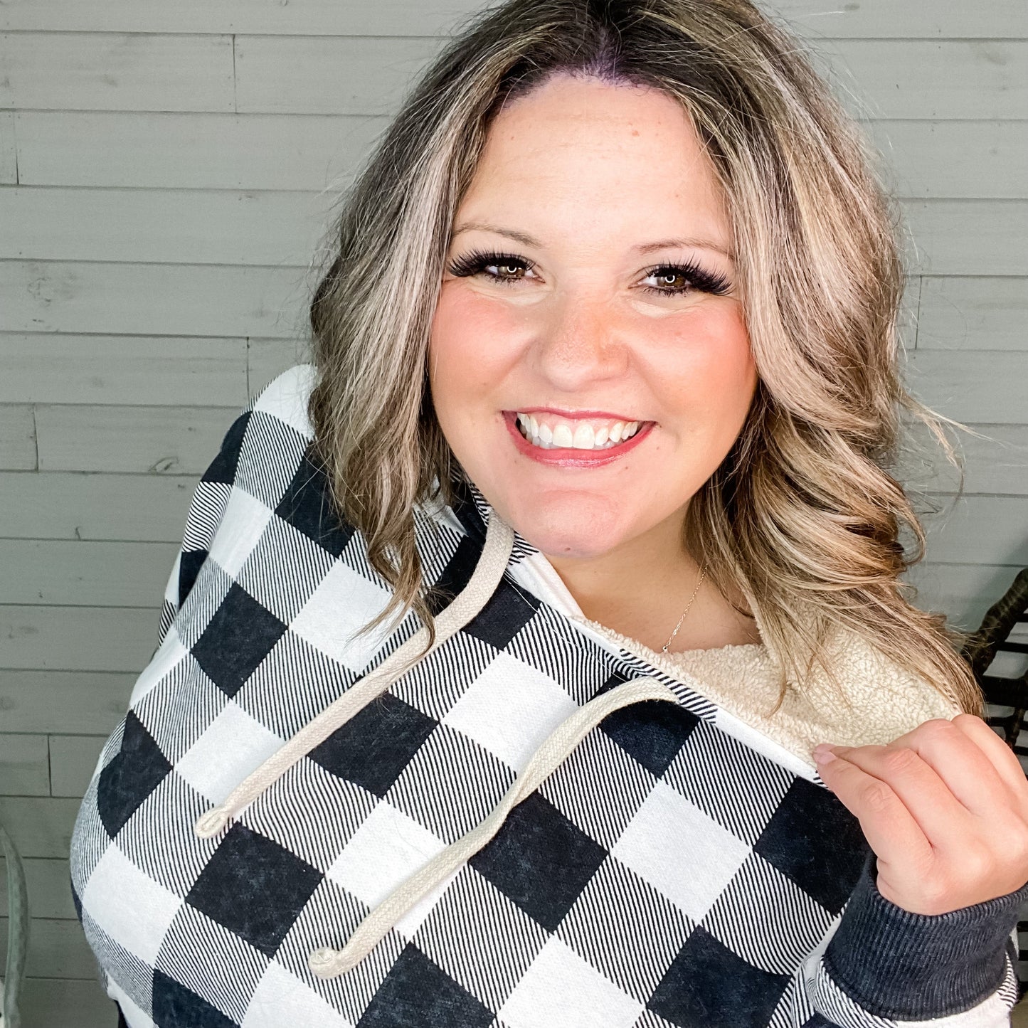 Checkered Sherpa Lined Hoodie (Black and White)