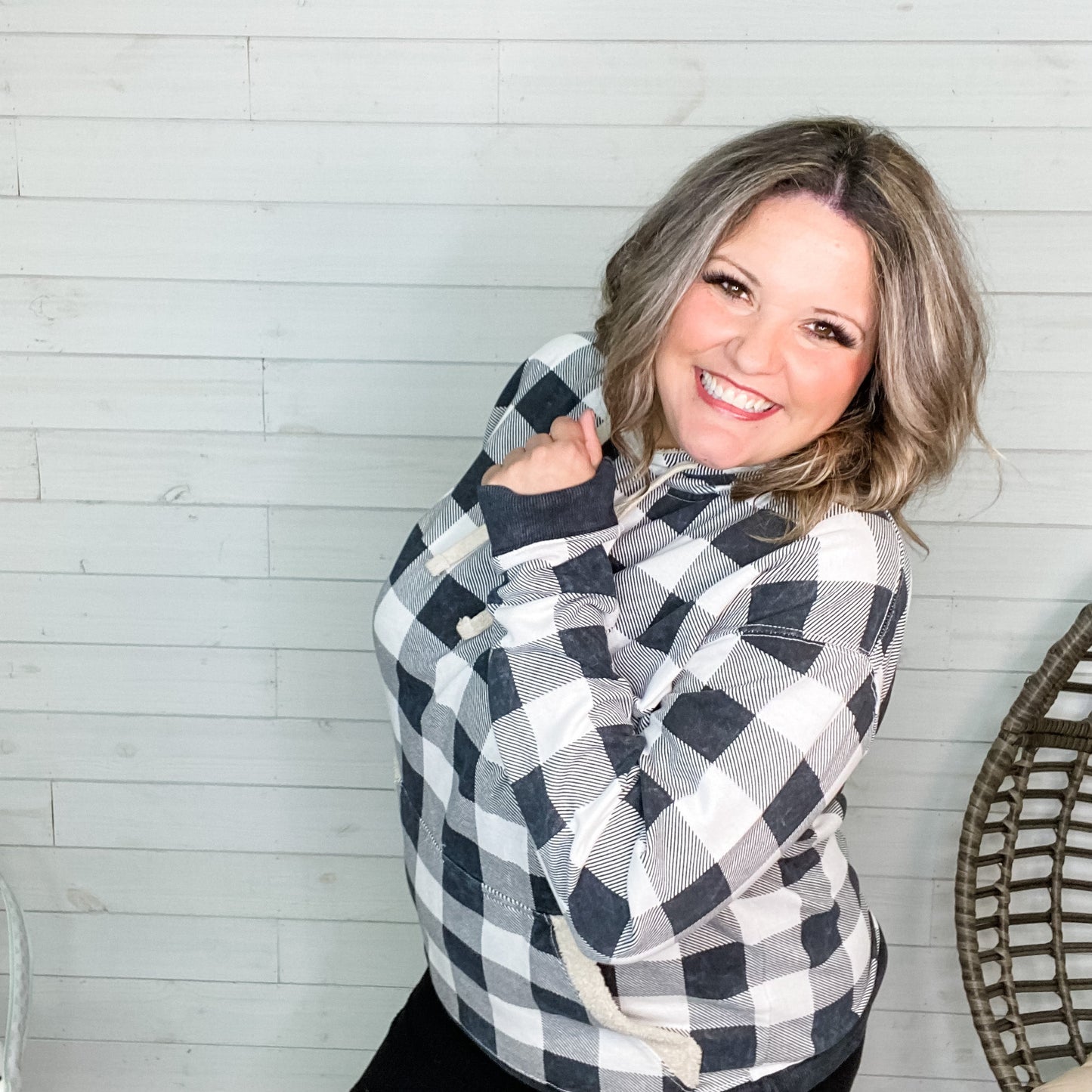 Checkered Sherpa Lined Hoodie (Black and White)