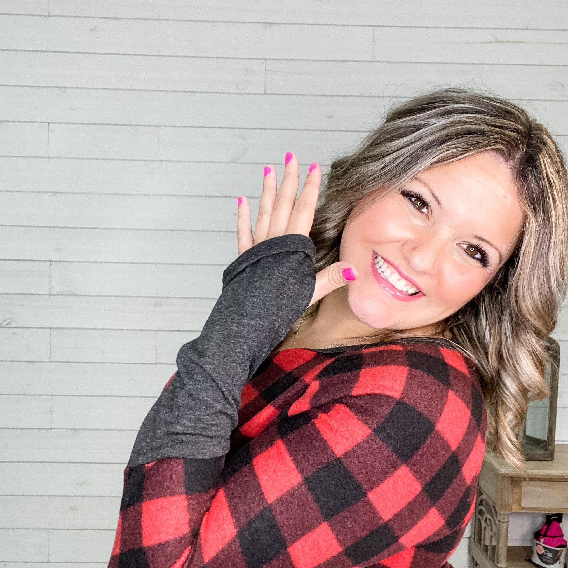 "Chillax" Long Sleeve Checkered Henley (Red)