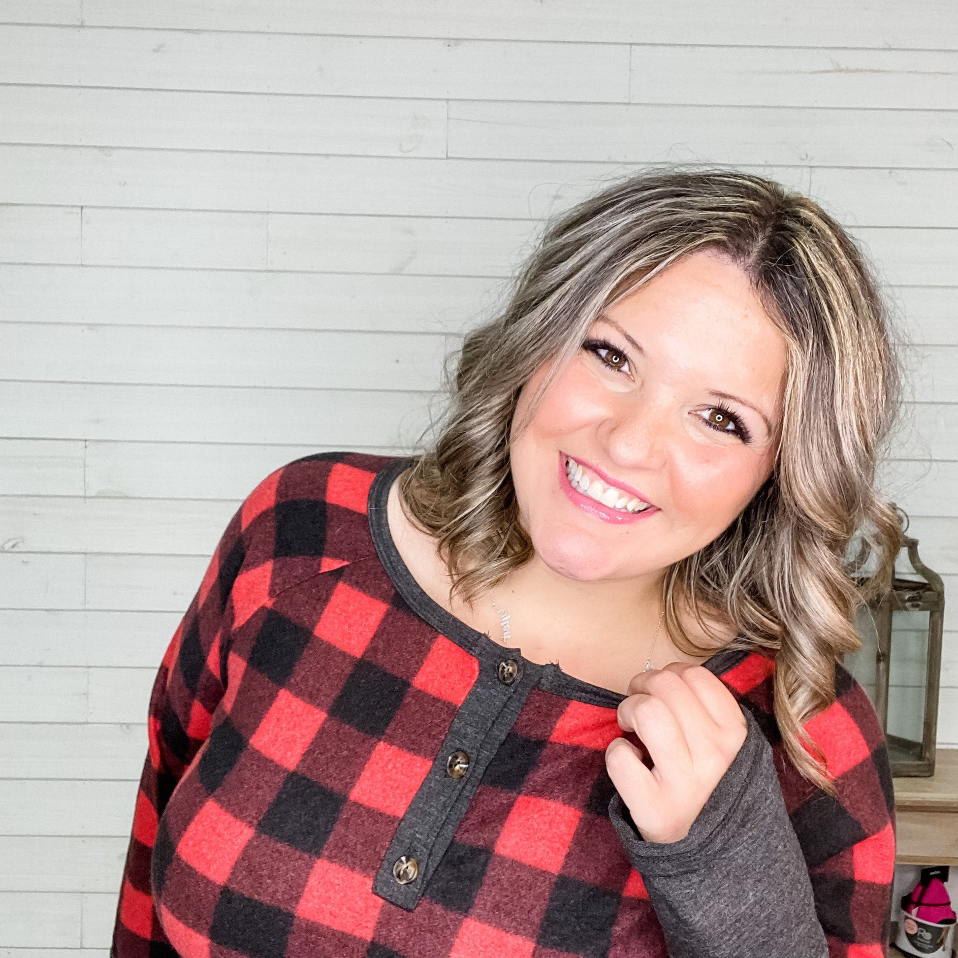 "Chillax" Long Sleeve Checkered Henley (Red)