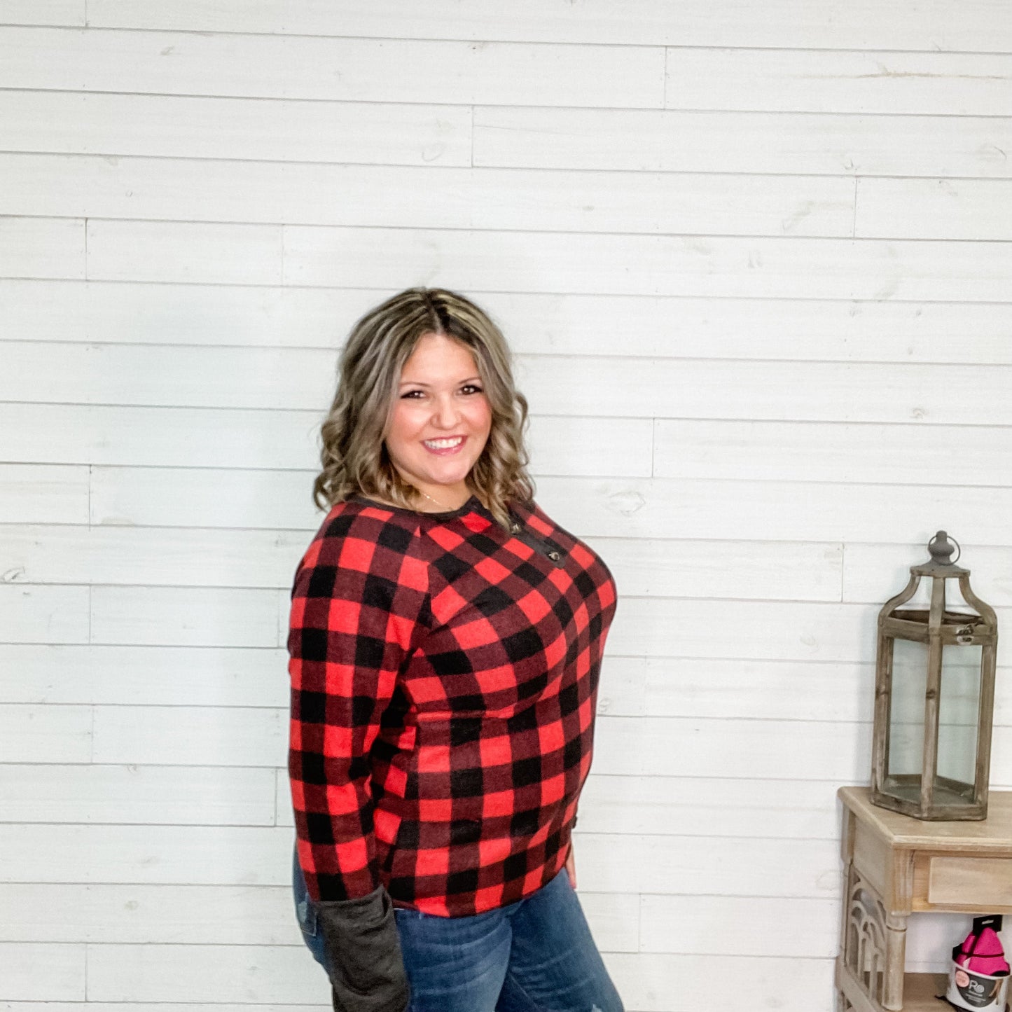 "Chillax" Long Sleeve Checkered Henley (Red)
