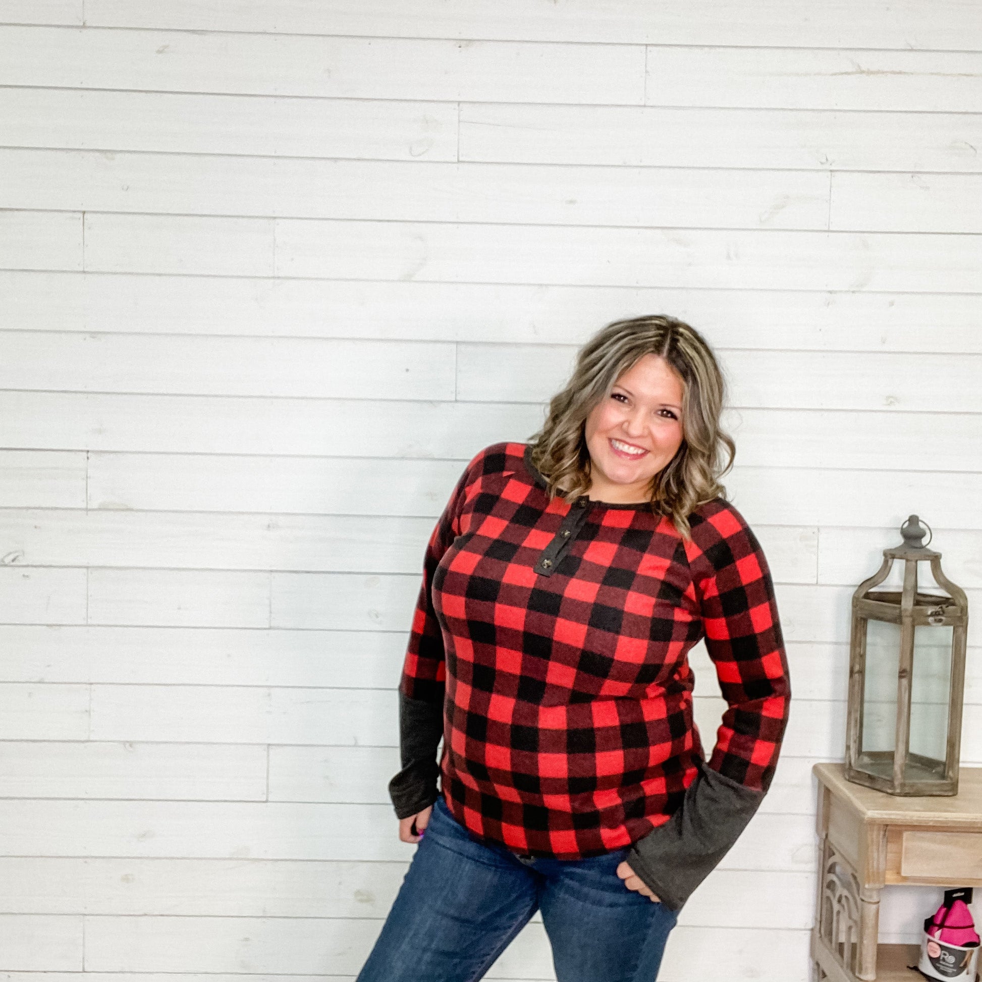 "Chillax" Long Sleeve Checkered Henley (Red)