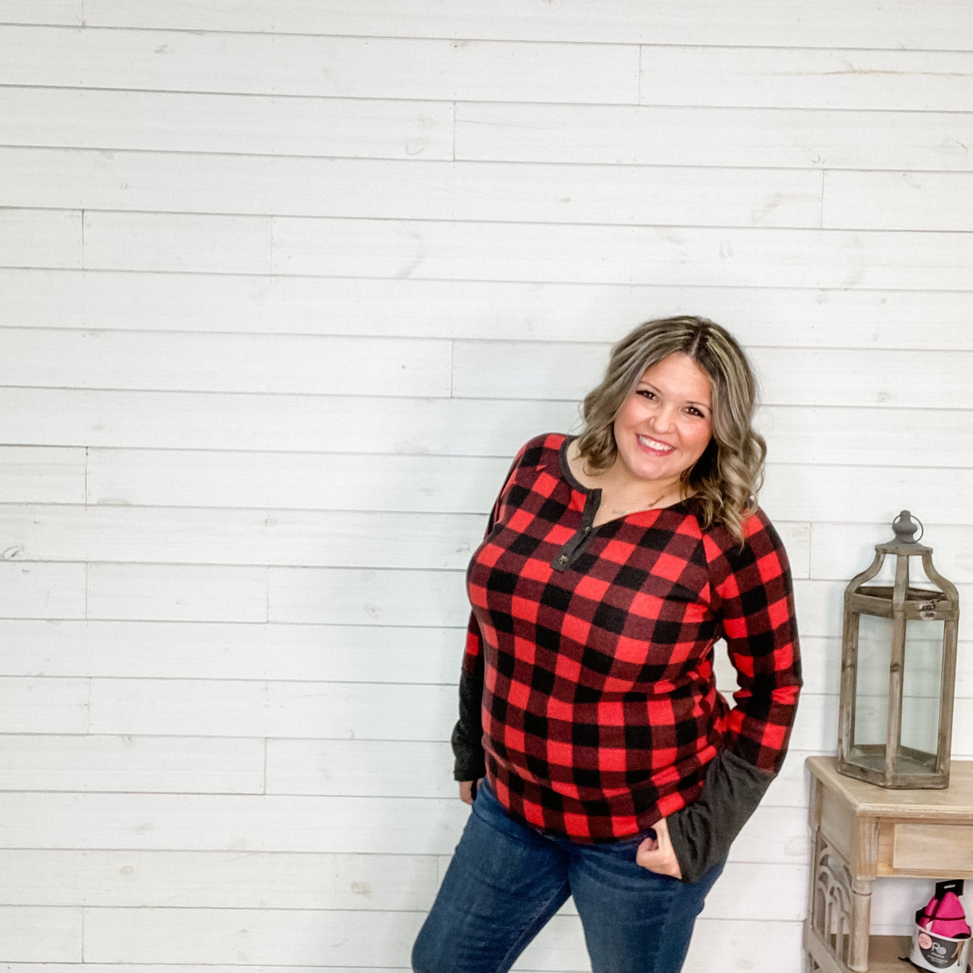 "Chillax" Long Sleeve Checkered Henley (Red)