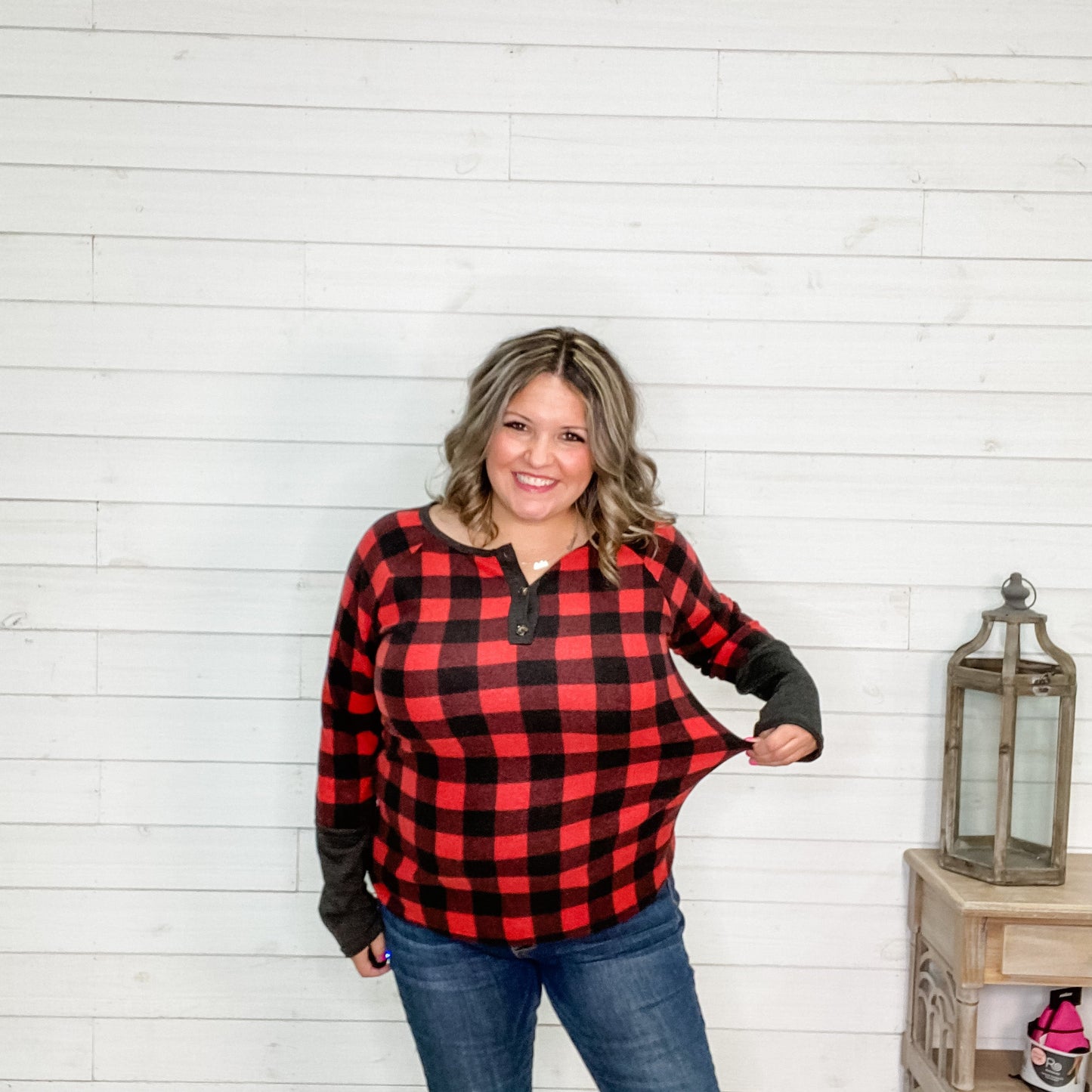 "Chillax" Long Sleeve Checkered Henley (Red)