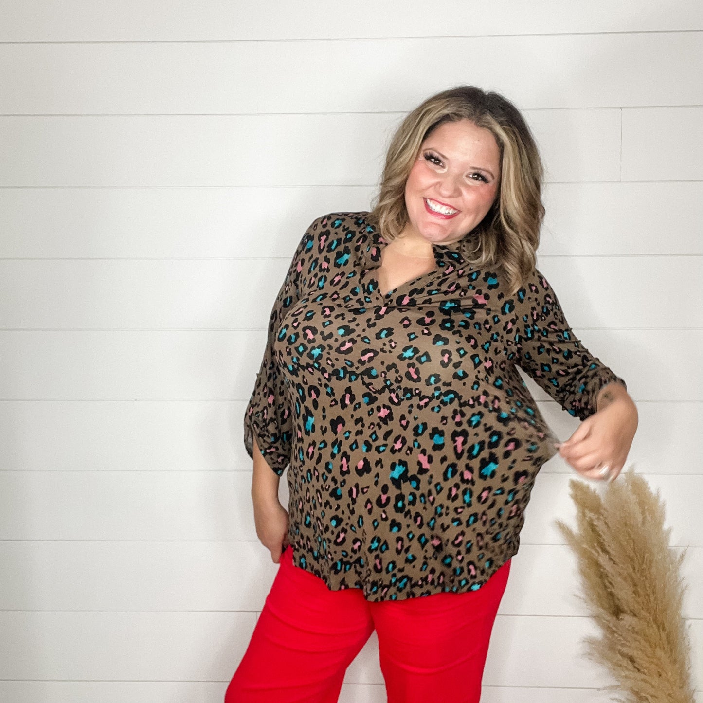 "Chocolate Cheetah" Animal Print Lizzy 3/4 Sleeve Split Neck