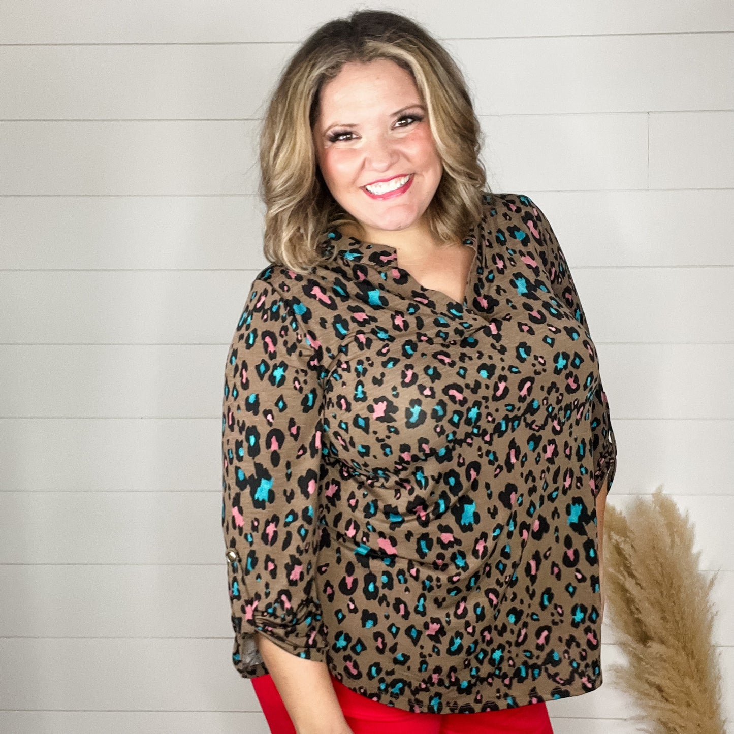 "Chocolate Cheetah" Animal Print Lizzy 3/4 Sleeve Split Neck