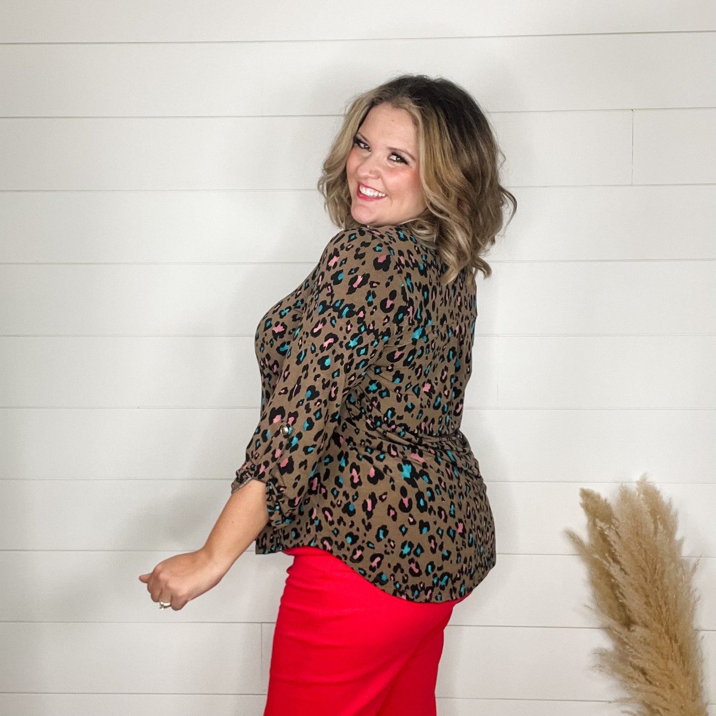"Chocolate Cheetah" Animal Print Lizzy 3/4 Sleeve Split Neck