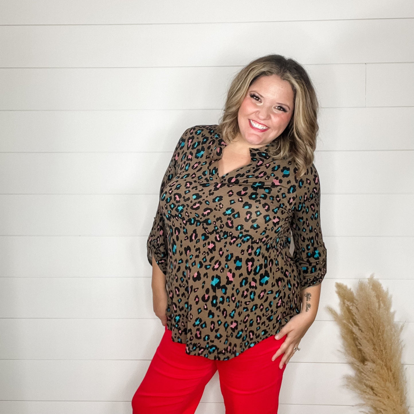 "Chocolate Cheetah" Animal Print Lizzy 3/4 Sleeve Split Neck