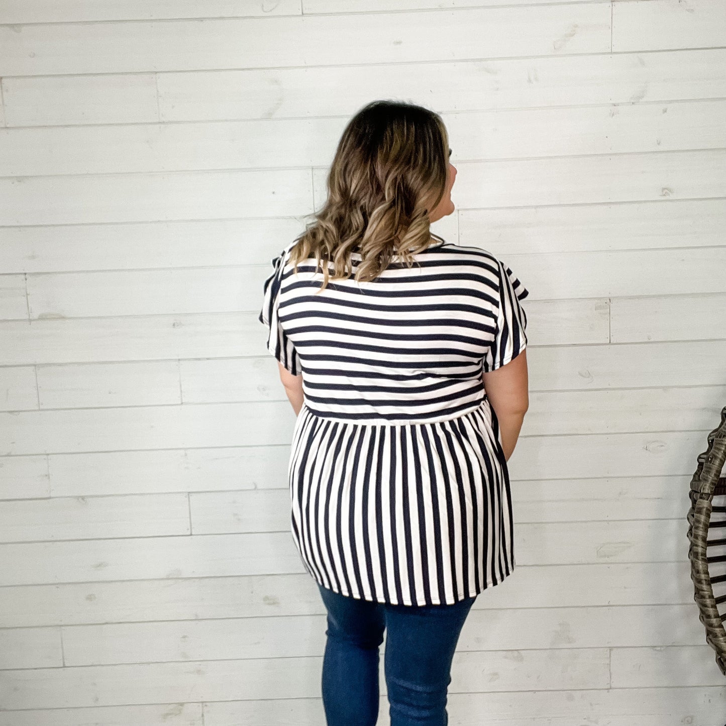 "Connor" Stripe Ruffle Cap Babydoll (Navy & White)