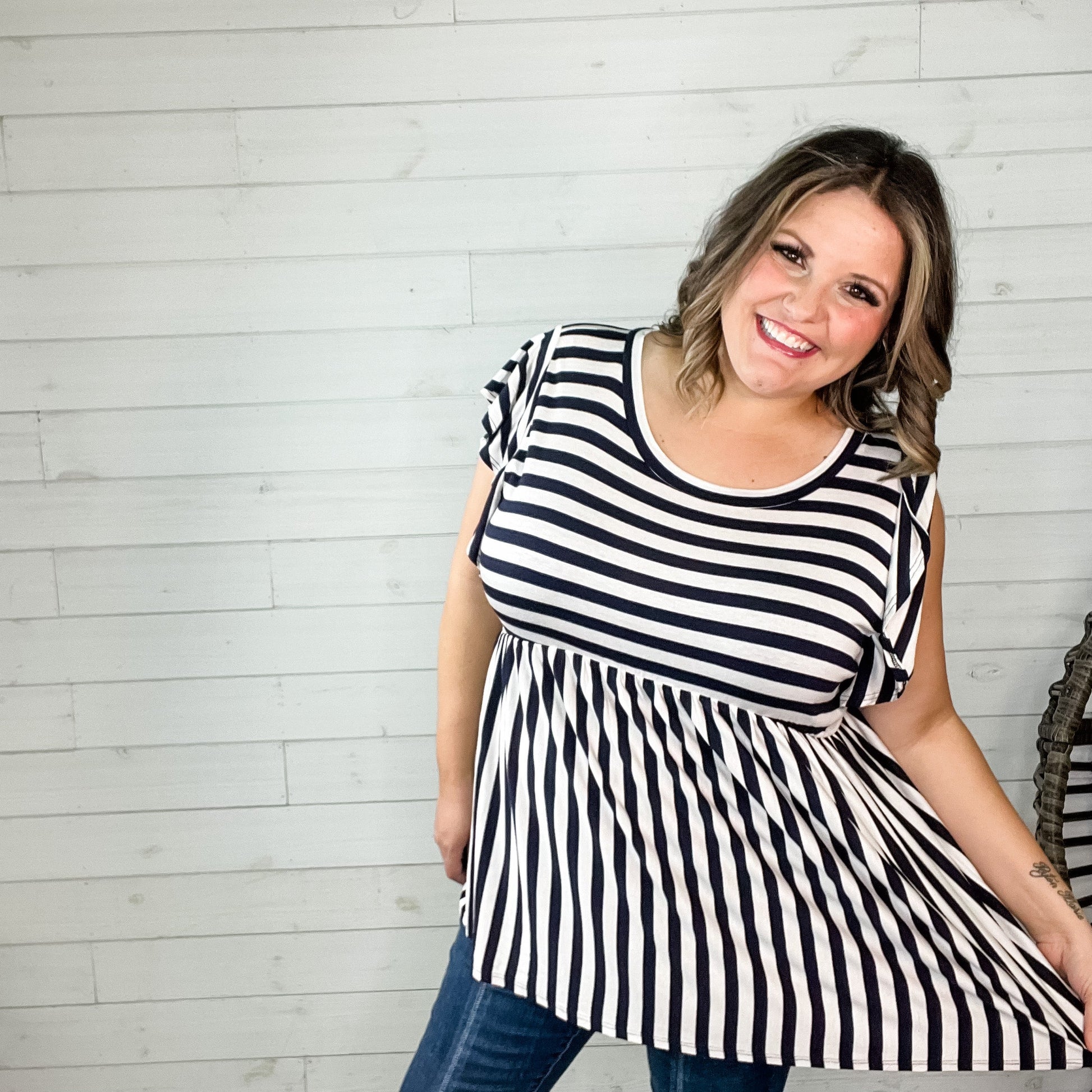 "Connor" Stripe Ruffle Cap Babydoll (Navy & White)