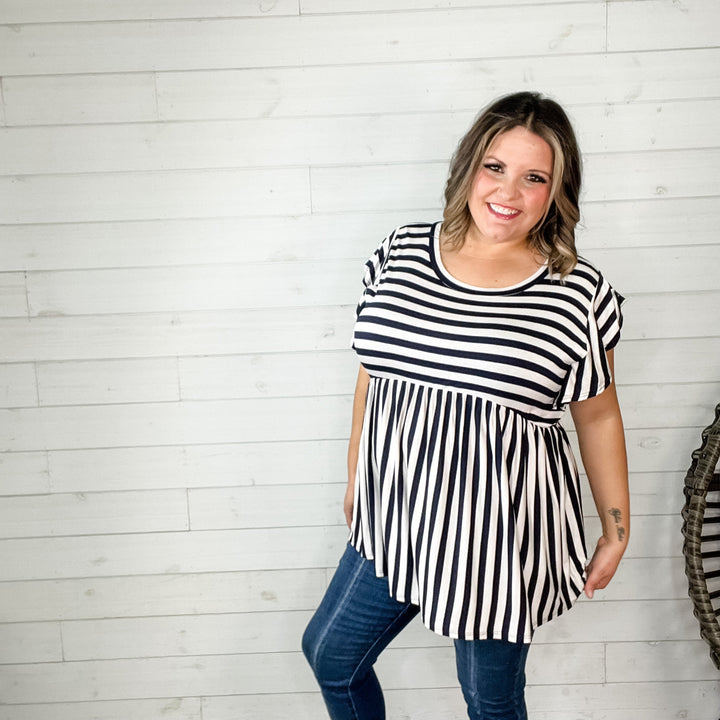 "Connor" Stripe Ruffle Cap Babydoll (Navy & White)