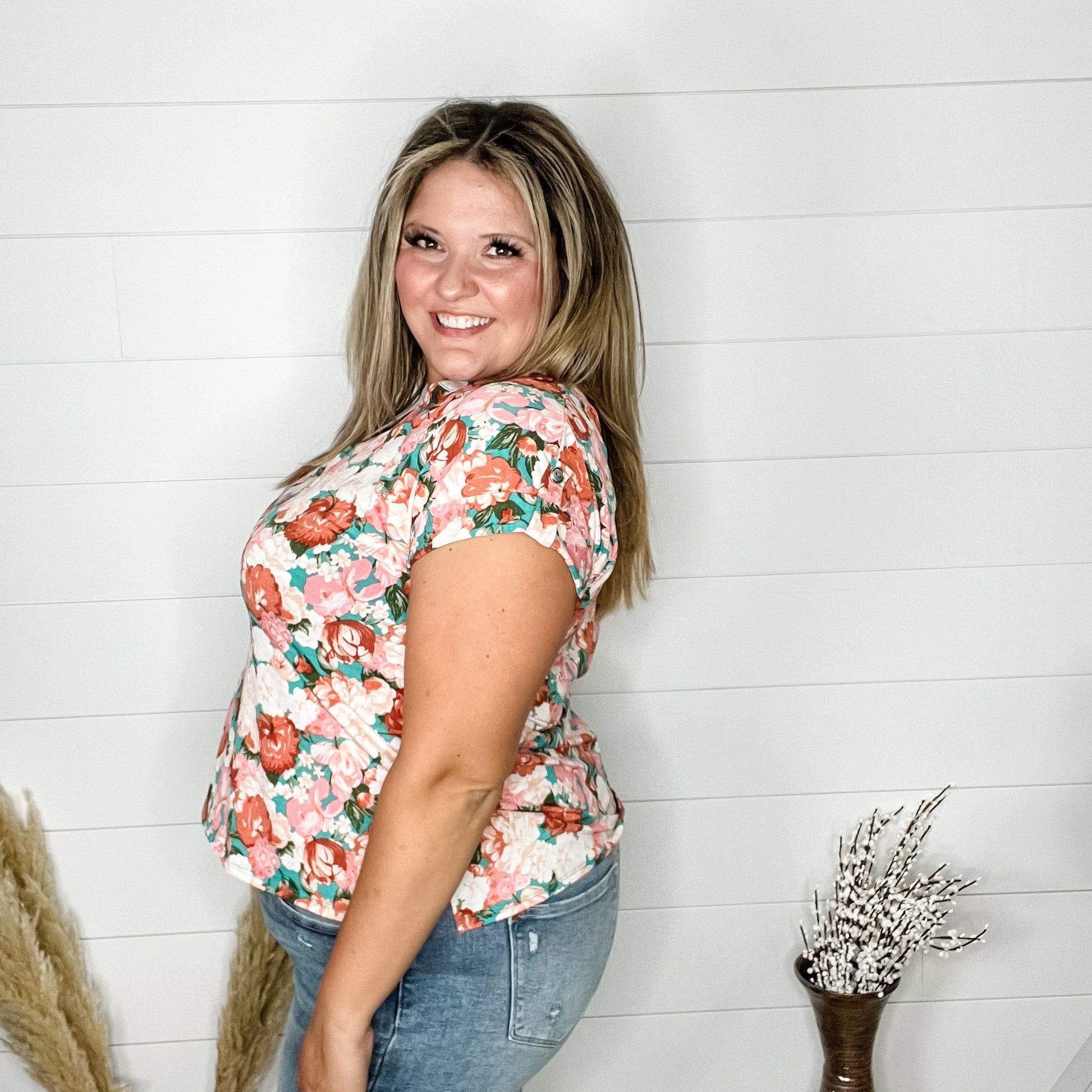 "Constant" Split Neck Cuffed Short Sleeve