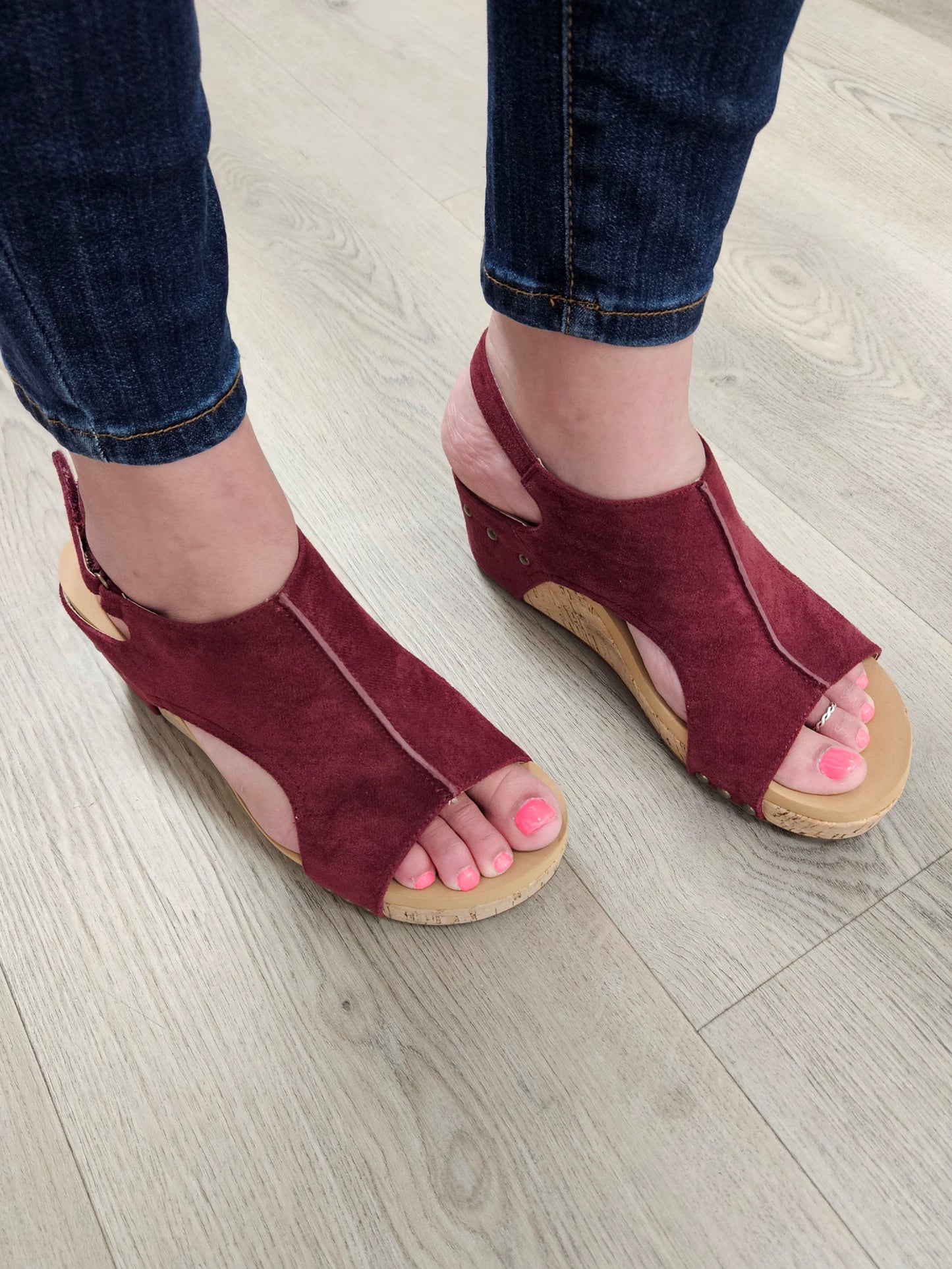Corkys "Carley" Wedge Sandal (Dark Red Suede)