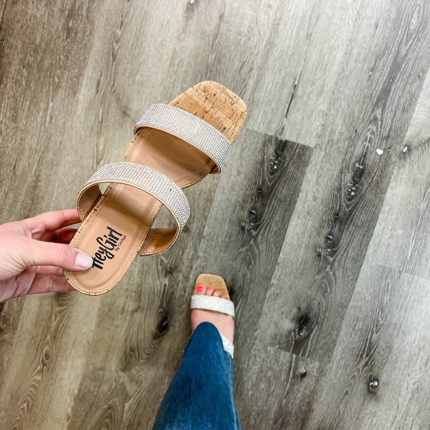 Corkys "Divine" Jeweled Double Strap Cork Heel (Clear Jewels)