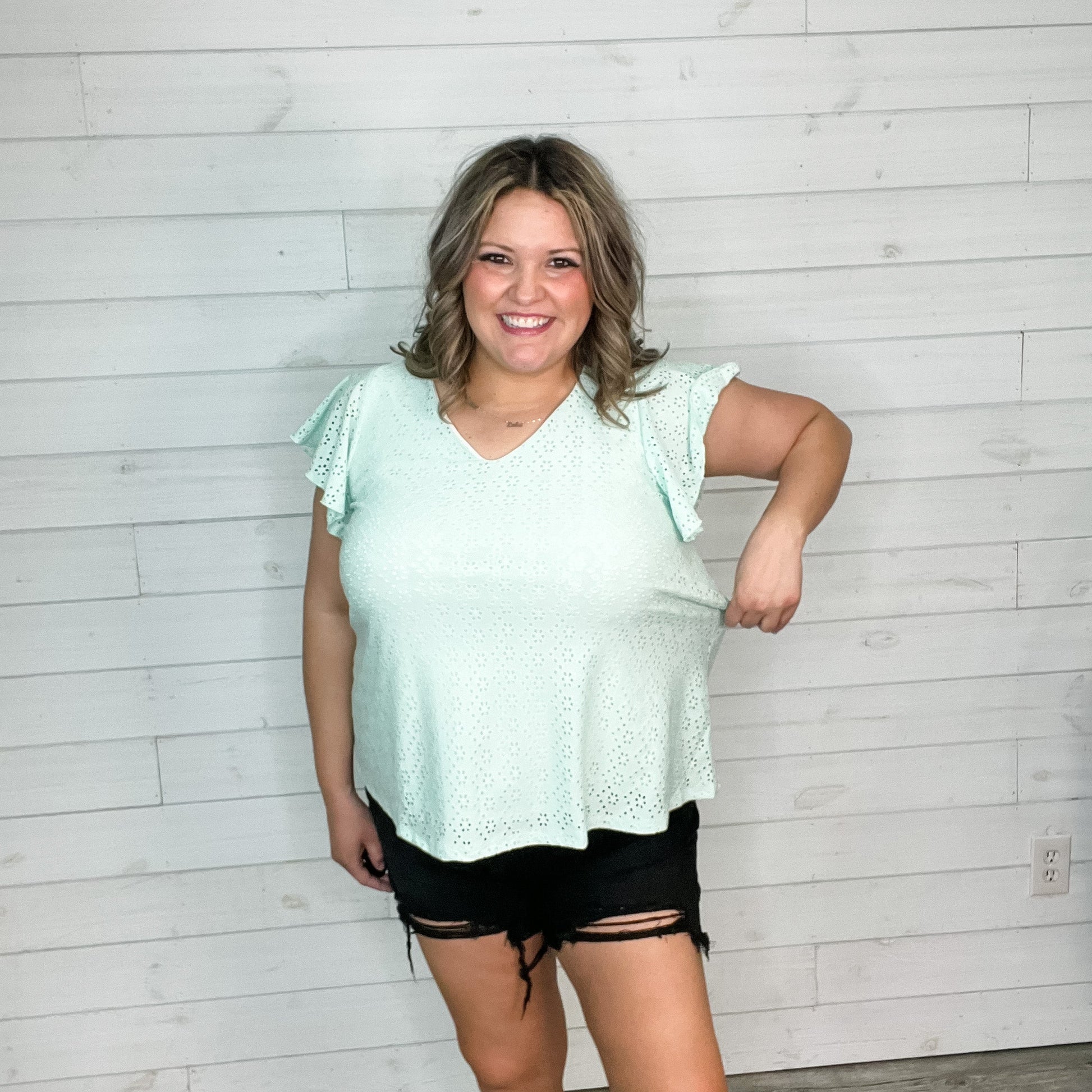 "Counting On It" Eyelet Ruffle Cap Sleeve (Mint)