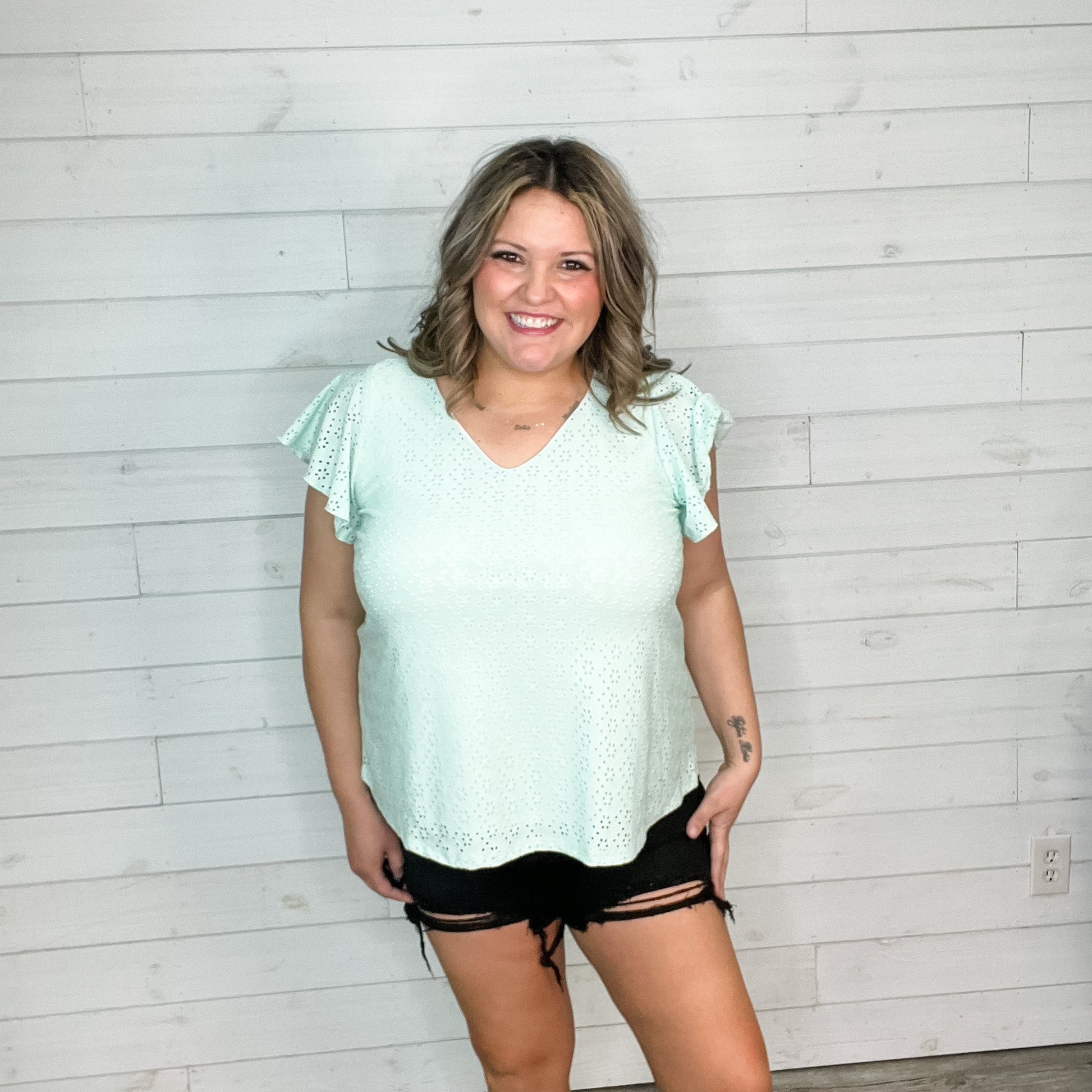 "Counting On It" Eyelet Ruffle Cap Sleeve (Mint)