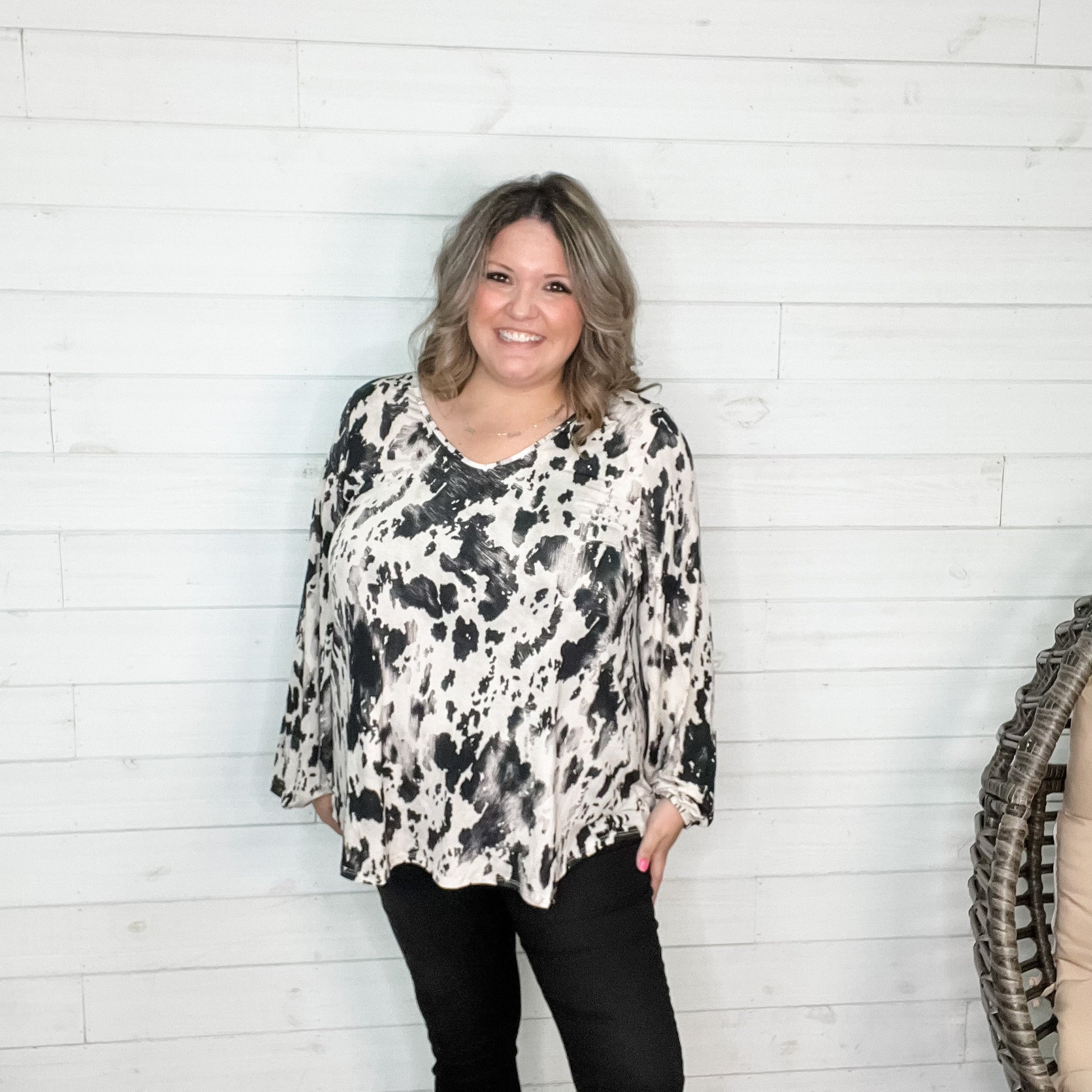 "Cowabunga" Animal Print Balloon Sleeve U-Neck