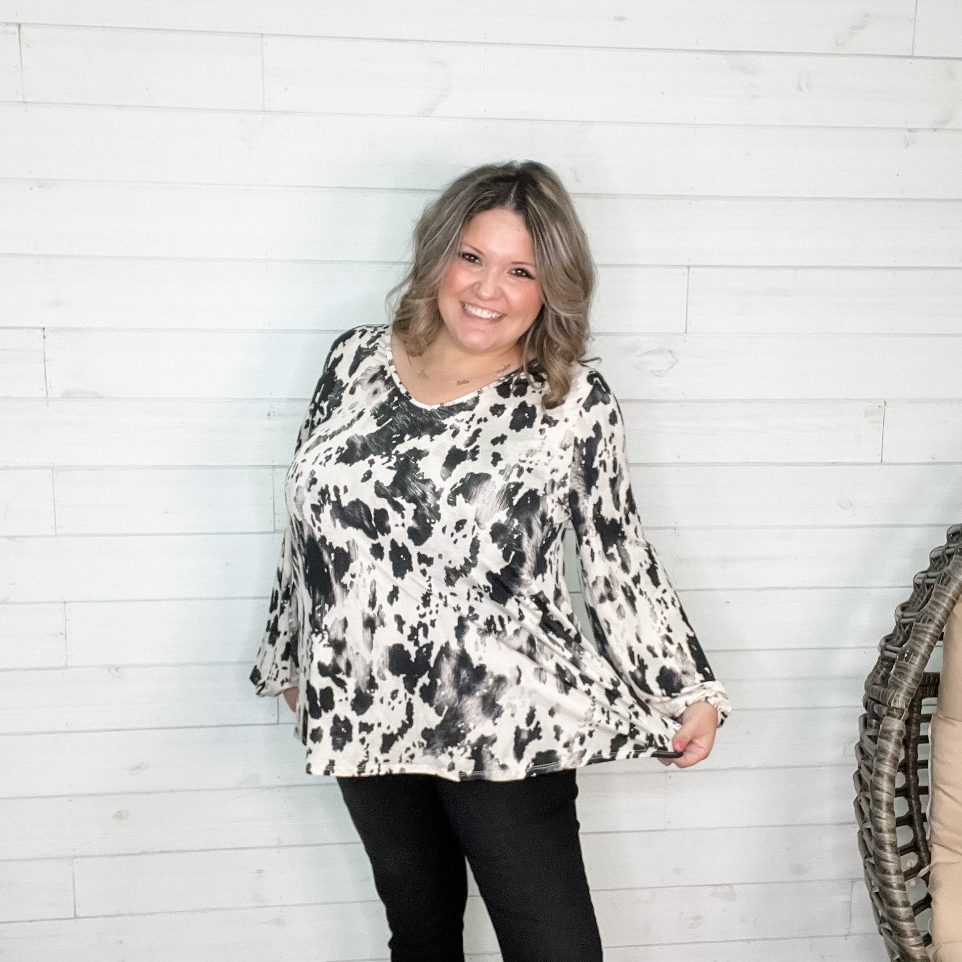 "Cowabunga" Animal Print Balloon Sleeve U-Neck