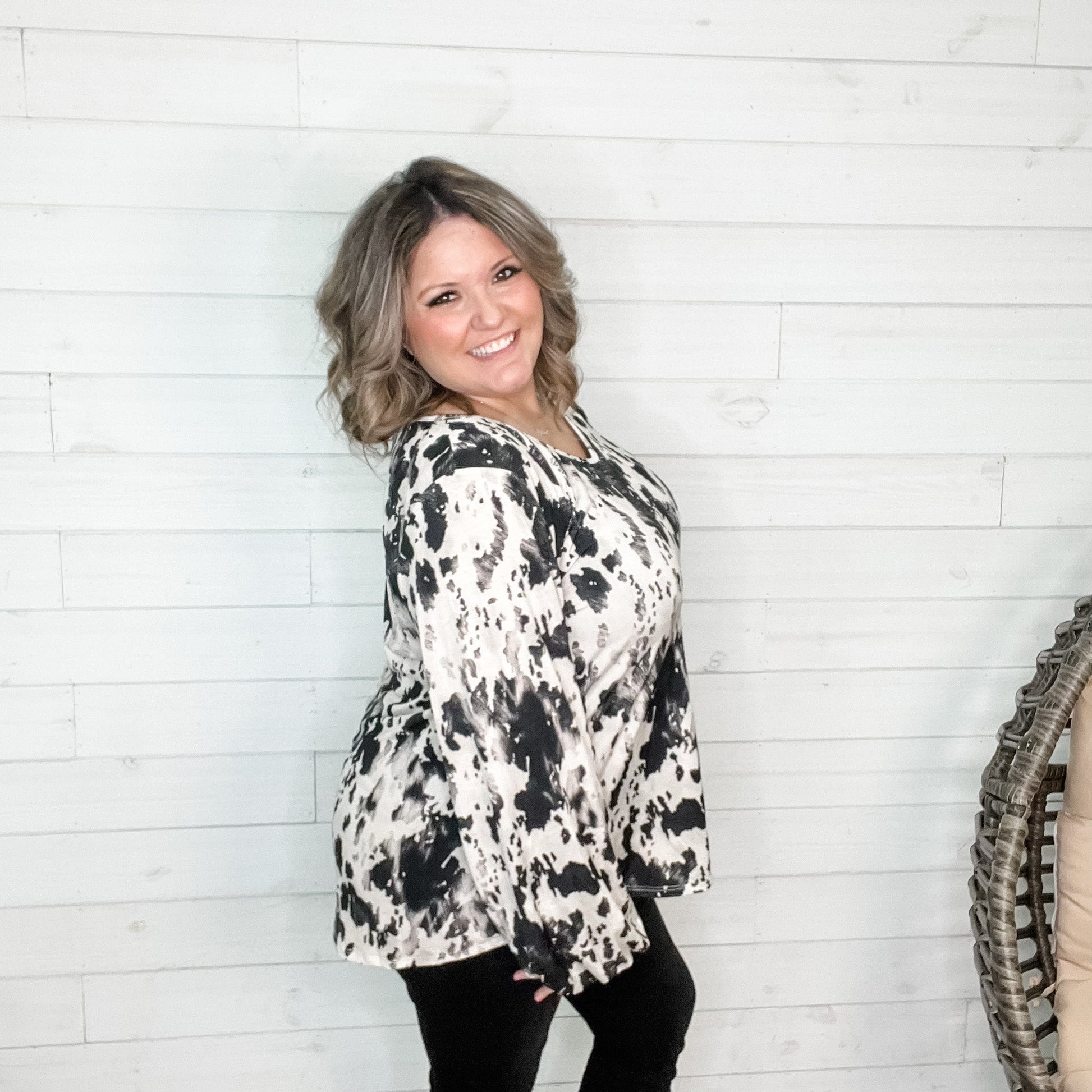 "Cowabunga" Animal Print Balloon Sleeve U-Neck