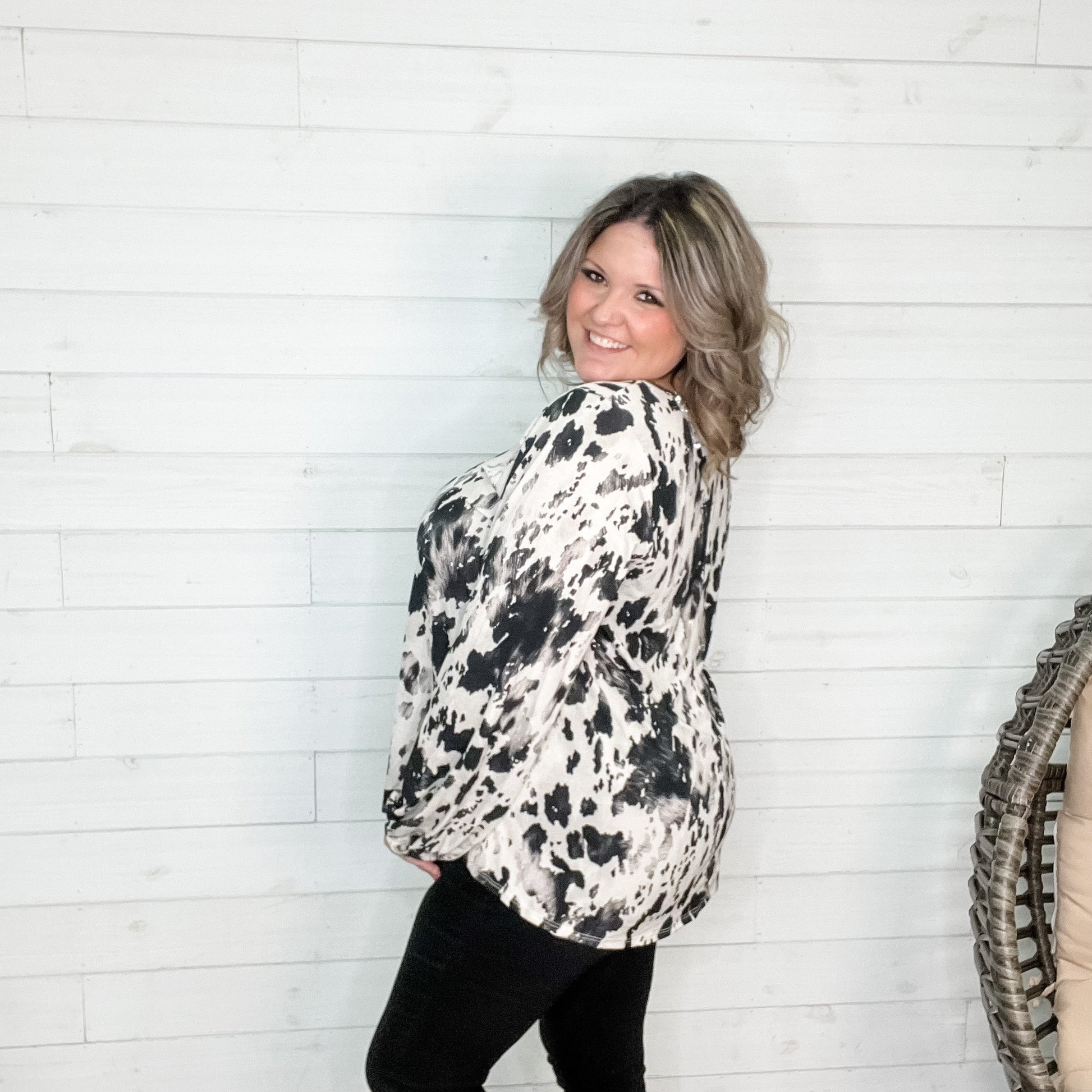 "Cowabunga" Animal Print Balloon Sleeve U-Neck