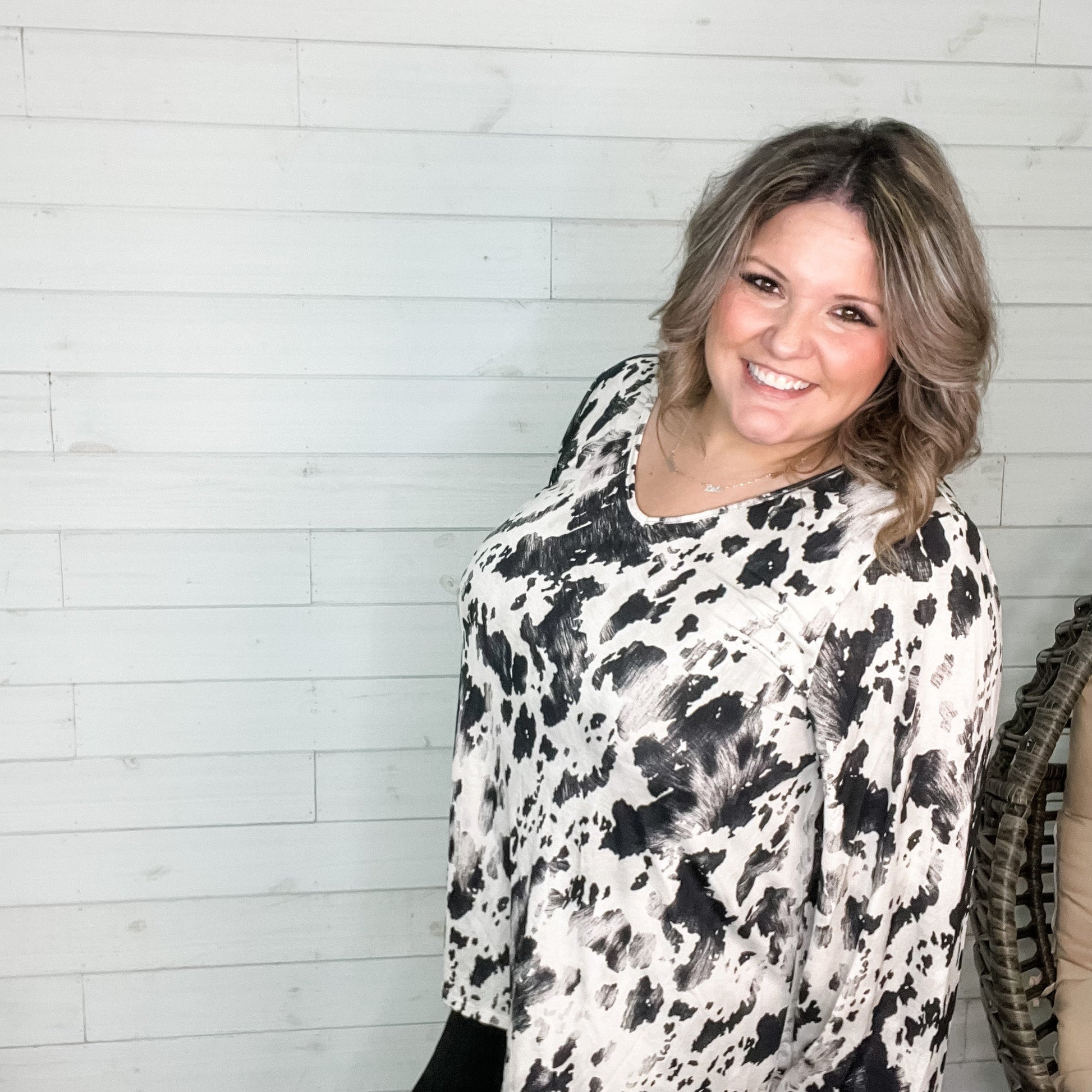 "Cowabunga" Animal Print Balloon Sleeve U-Neck