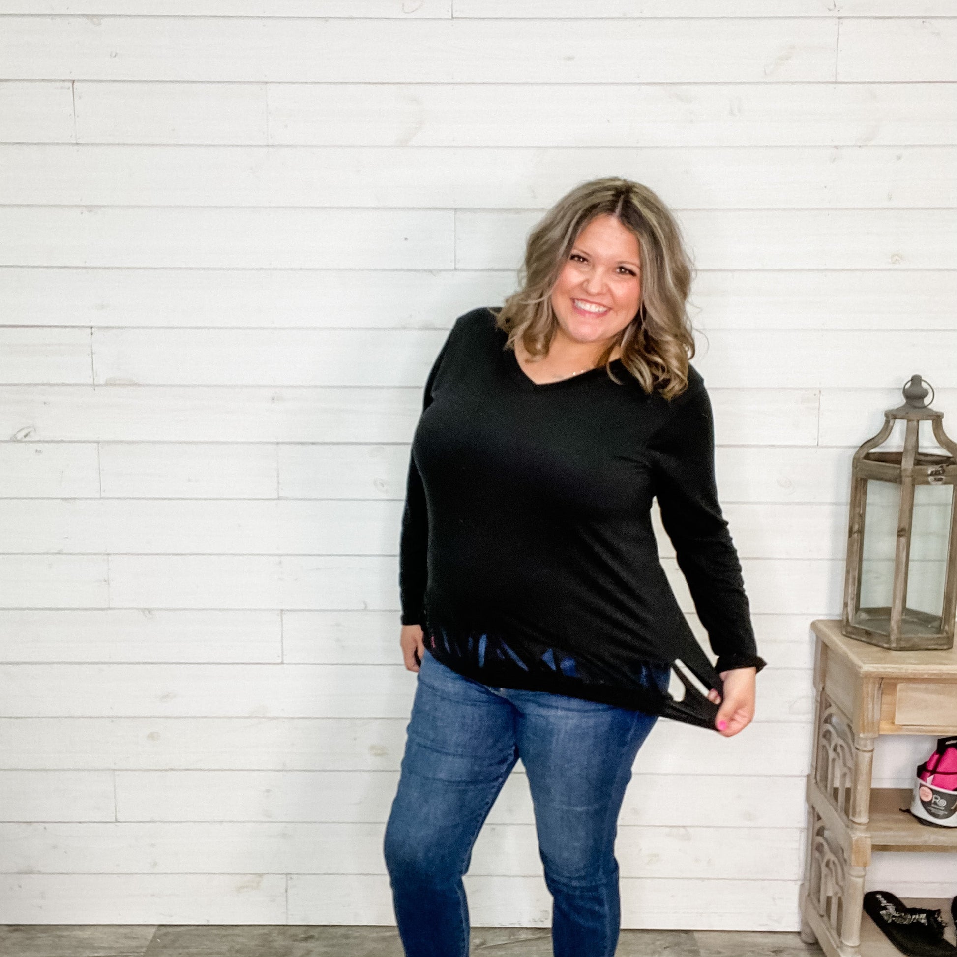 "Crafty" Long Sleeve V-Neck with Hem Design