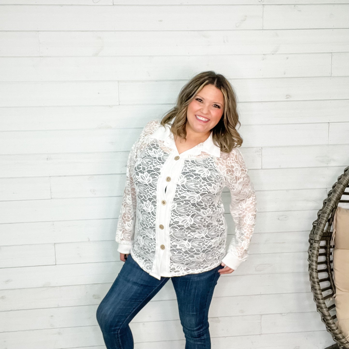 "Crosby" Lace Collared Button Up (White)