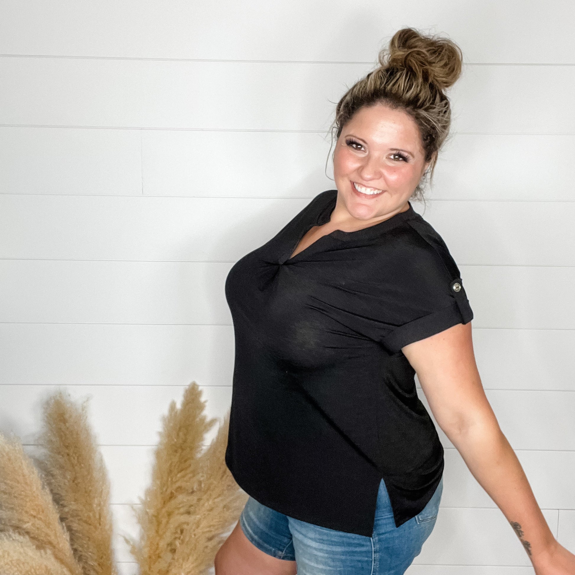 "Dare" Solid Split Neck Cuffed Short Sleeve (Black)