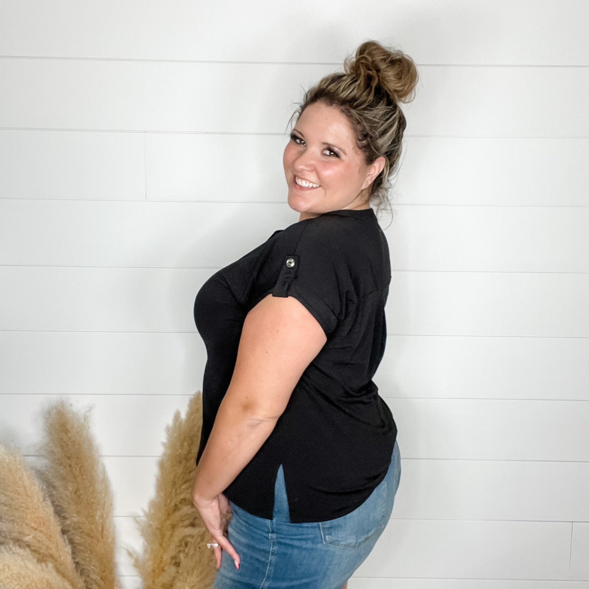 "Dare" Solid Split Neck Cuffed Short Sleeve (Black)