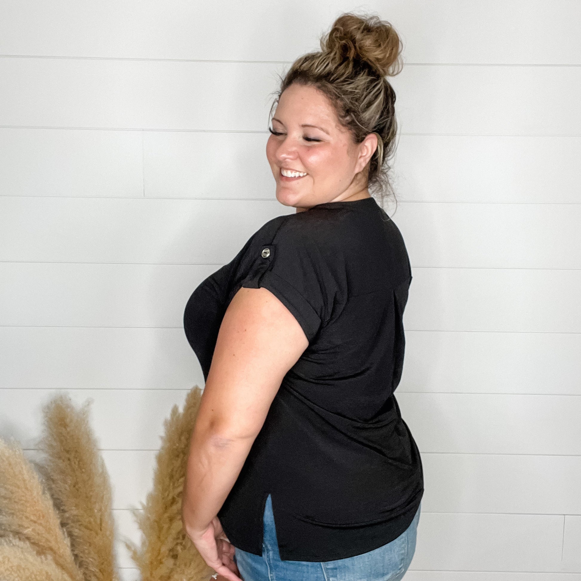 "Dare" Solid Split Neck Cuffed Short Sleeve (Black)