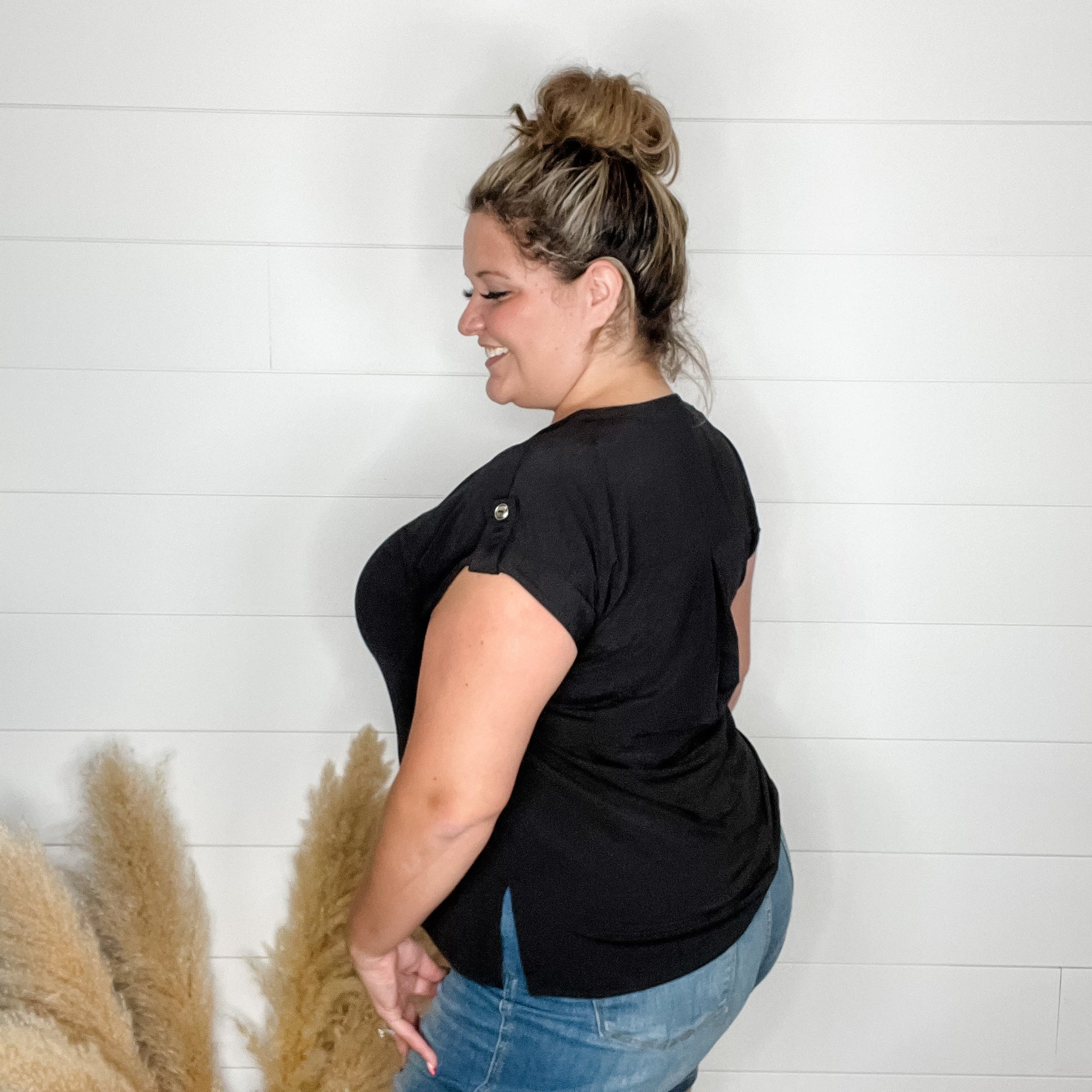 "Dare" Solid Split Neck Cuffed Short Sleeve (Black)