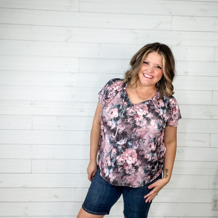 "Day to Night" Dolman with Ruffle Collar Front Tie Detail (Floral)