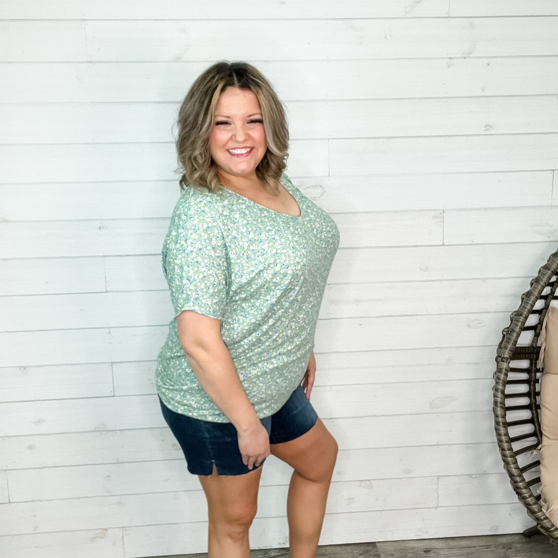 "Day Trip" Floral V Neck Dolman (Green)