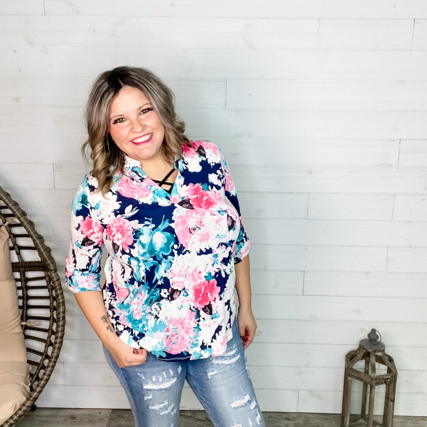 "Deep In Thought" 3/4 Sleeve Floral Split Neck