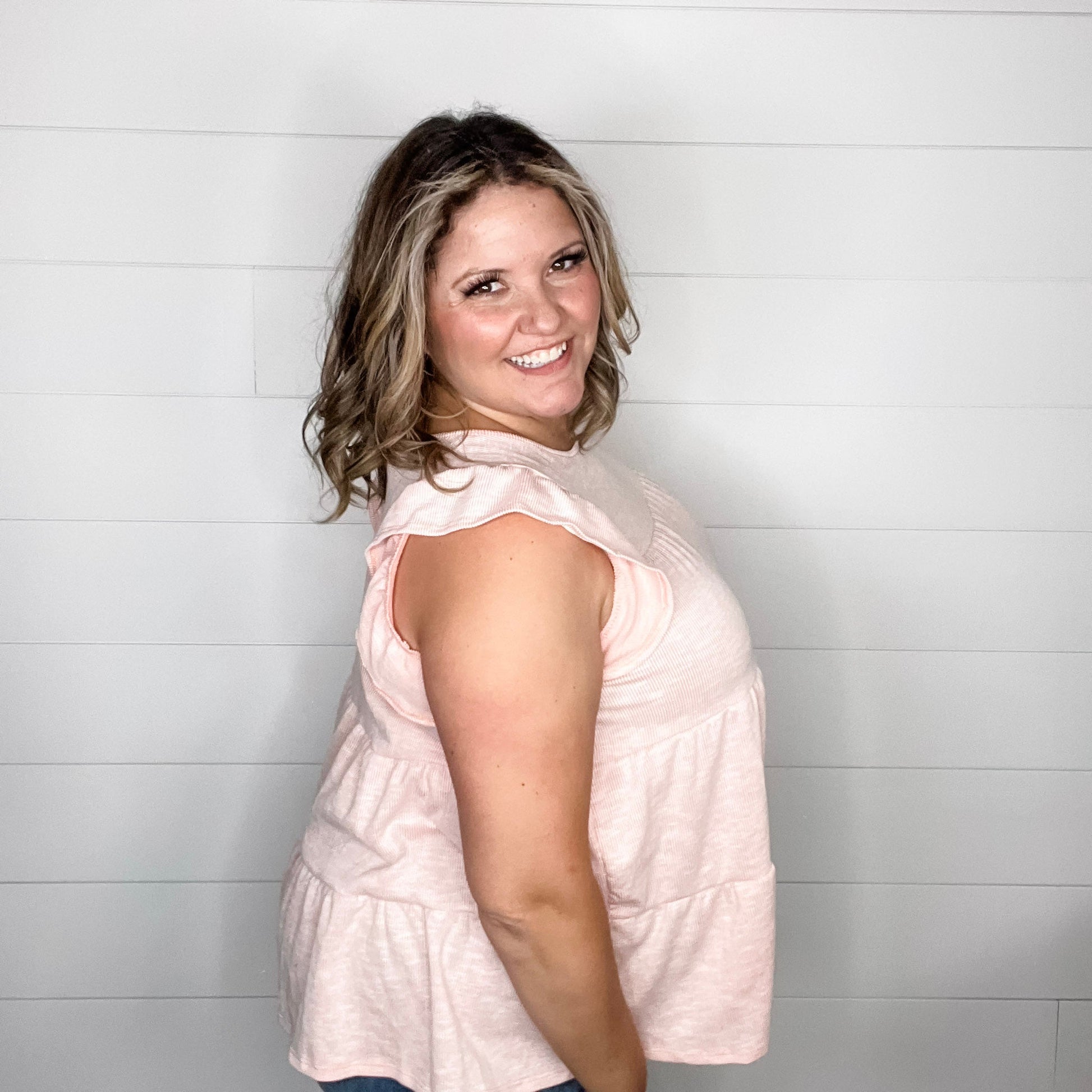 "Delphine" Ribbed Ruffle Cap Sleeve Tiered Top