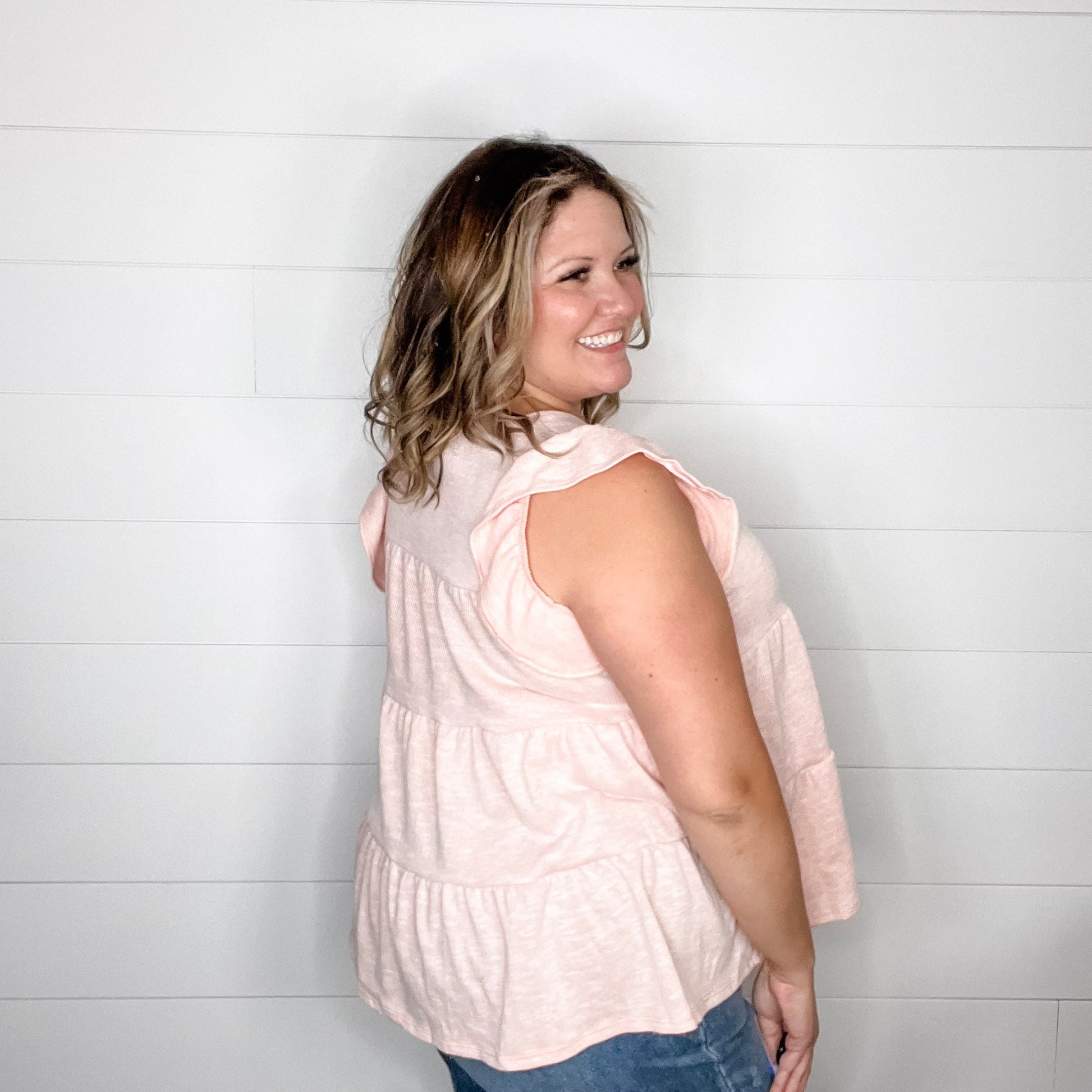 "Delphine" Ribbed Ruffle Cap Sleeve Tiered Top