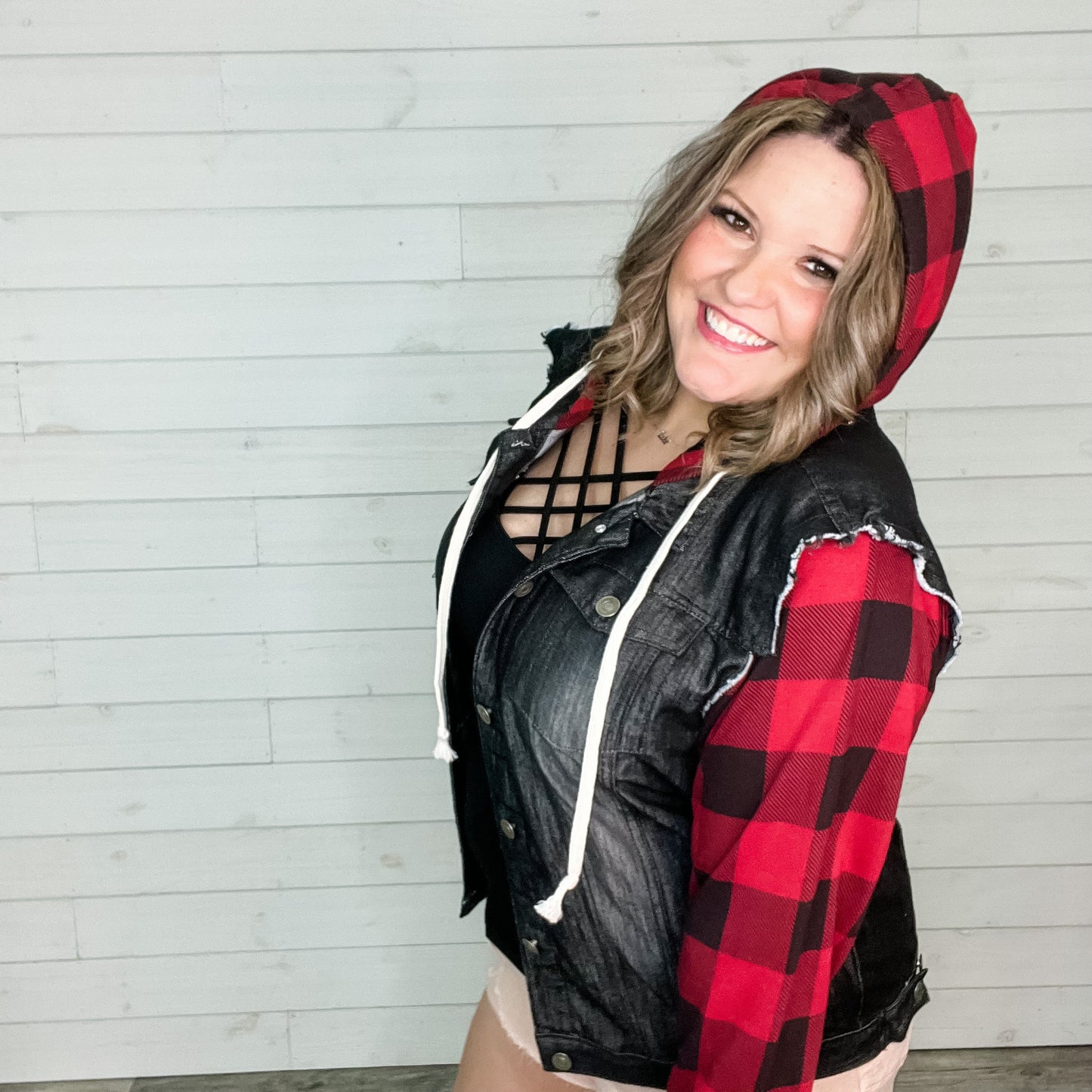 Denim Jacket with Sweatshirt Sleeves and Hood (Buffalo Plaid)