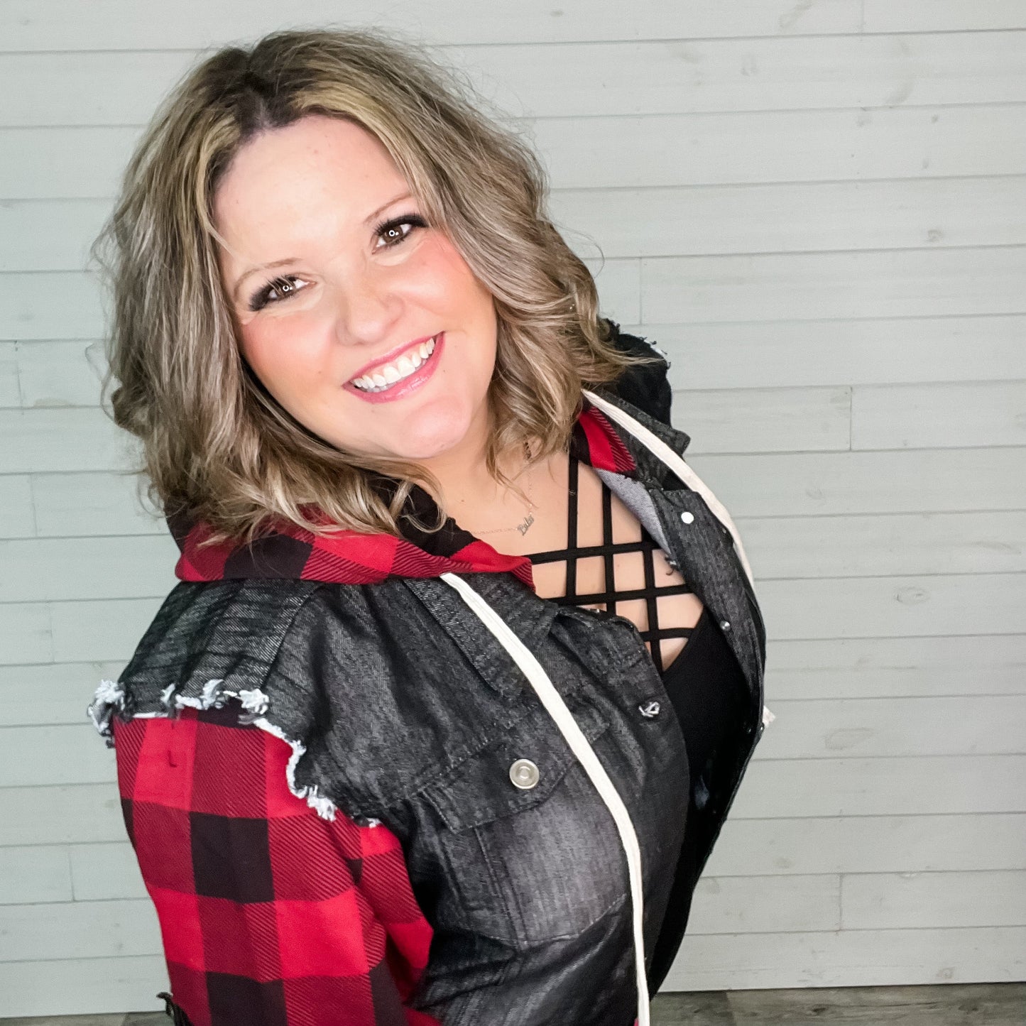 Denim Jacket with Sweatshirt Sleeves and Hood (Buffalo Plaid)