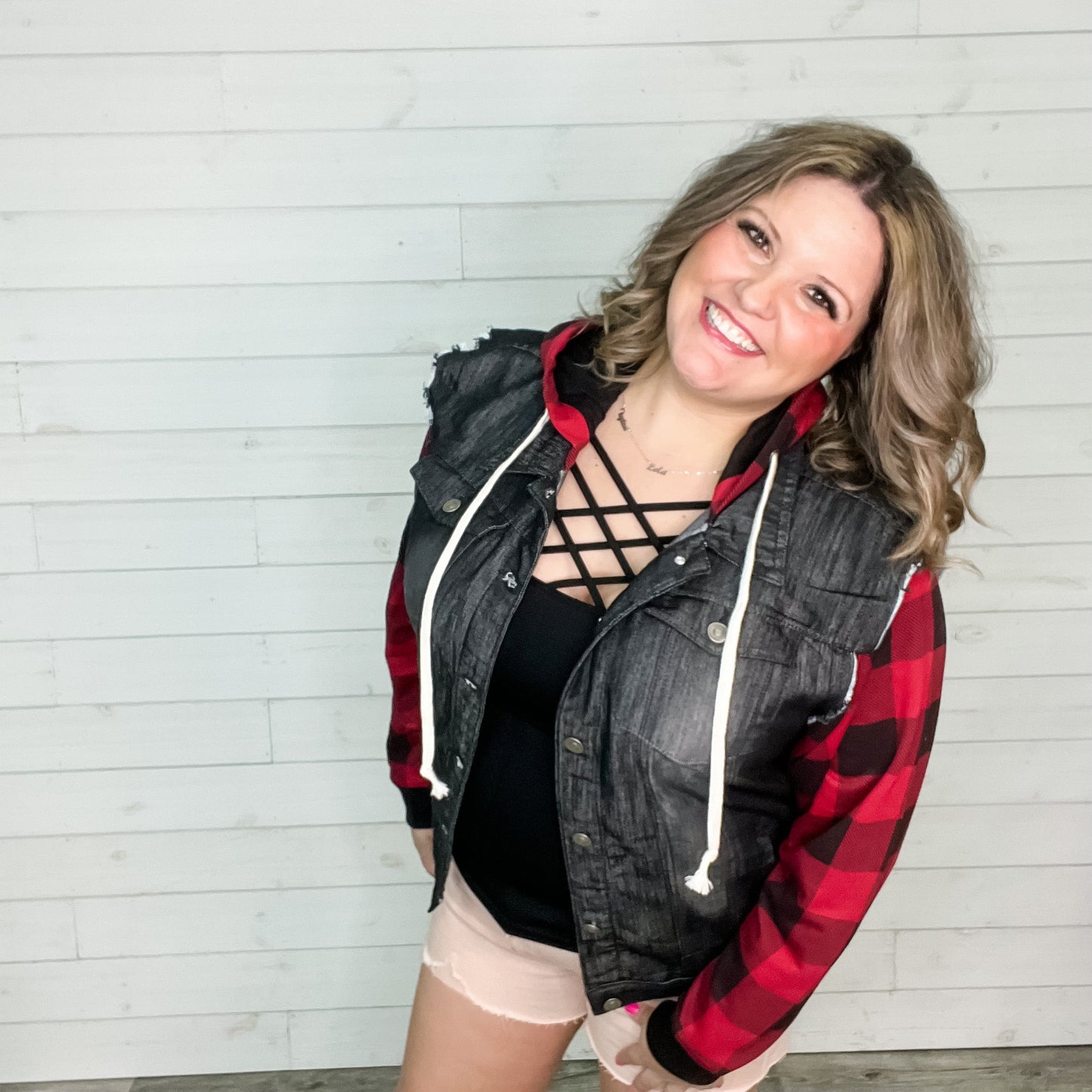 Denim Jacket with Sweatshirt Sleeves and Hood (Buffalo Plaid)