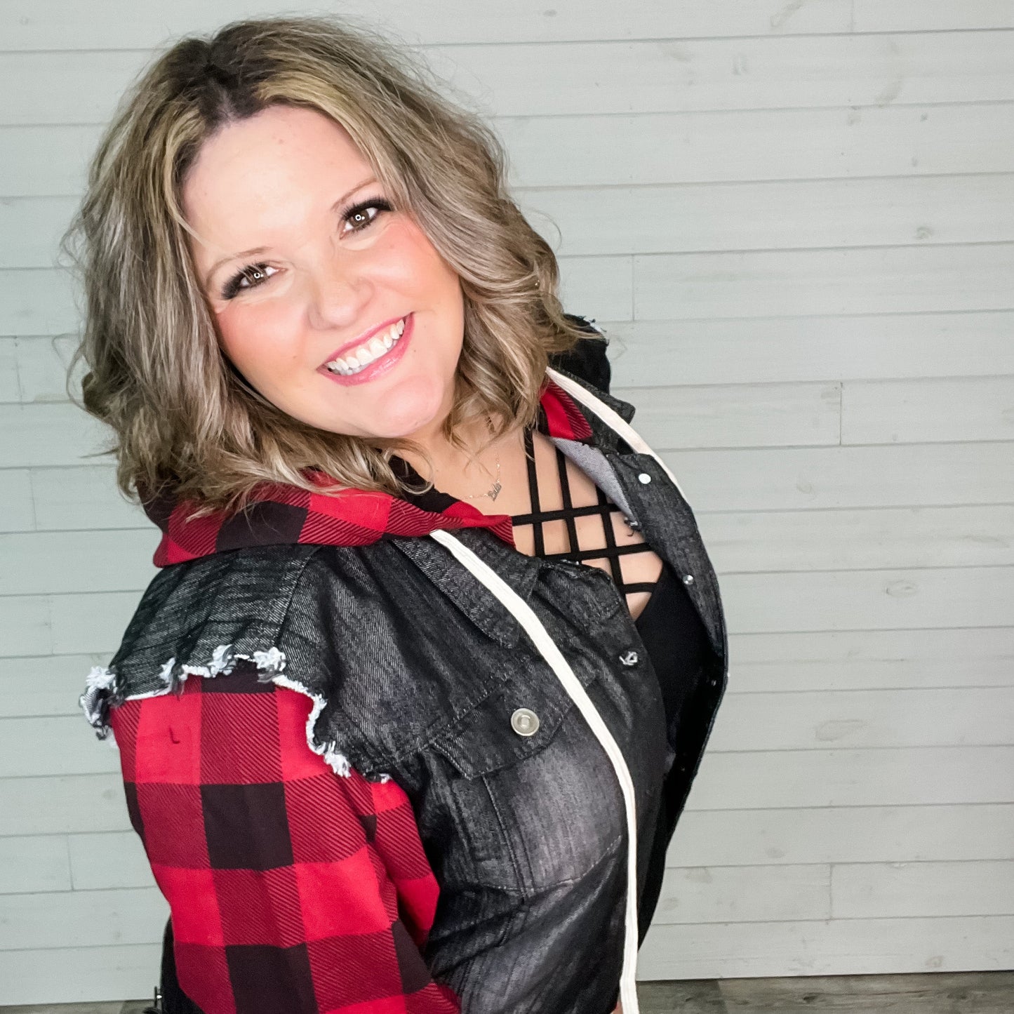 Denim Jacket with Sweatshirt Sleeves and Hood (Buffalo Plaid)