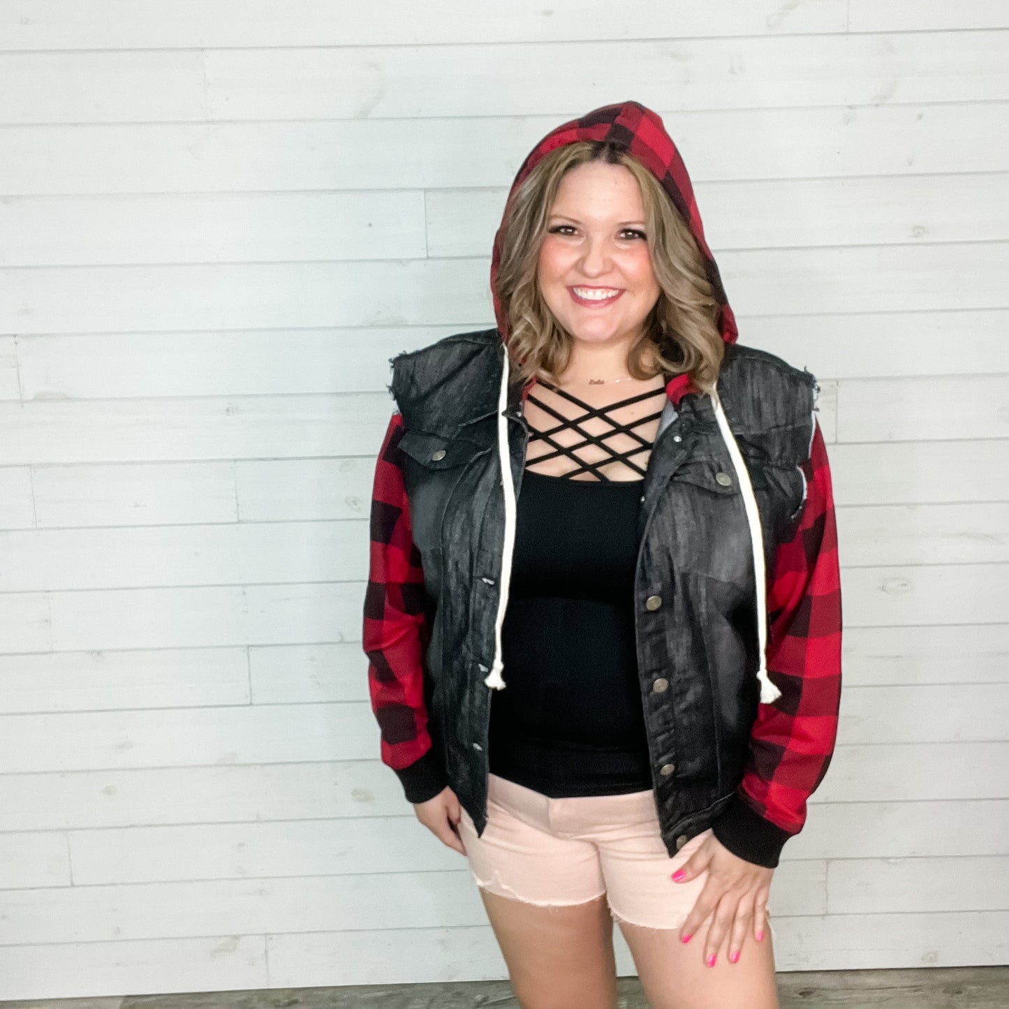 Denim Jacket with Sweatshirt Sleeves and Hood (Buffalo Plaid)