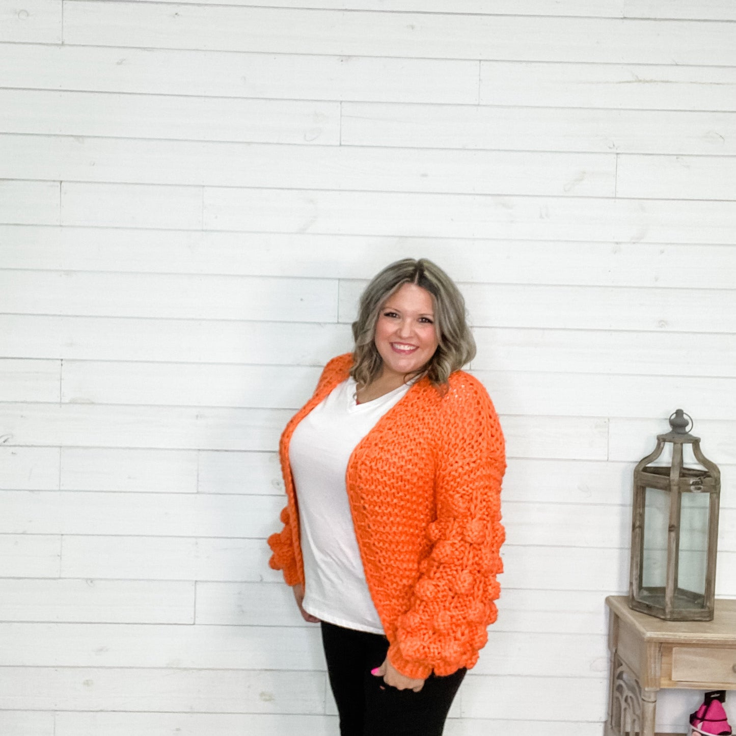 "Desi" Large Weave Pom Pom Sleeve Cardigan (Orange)