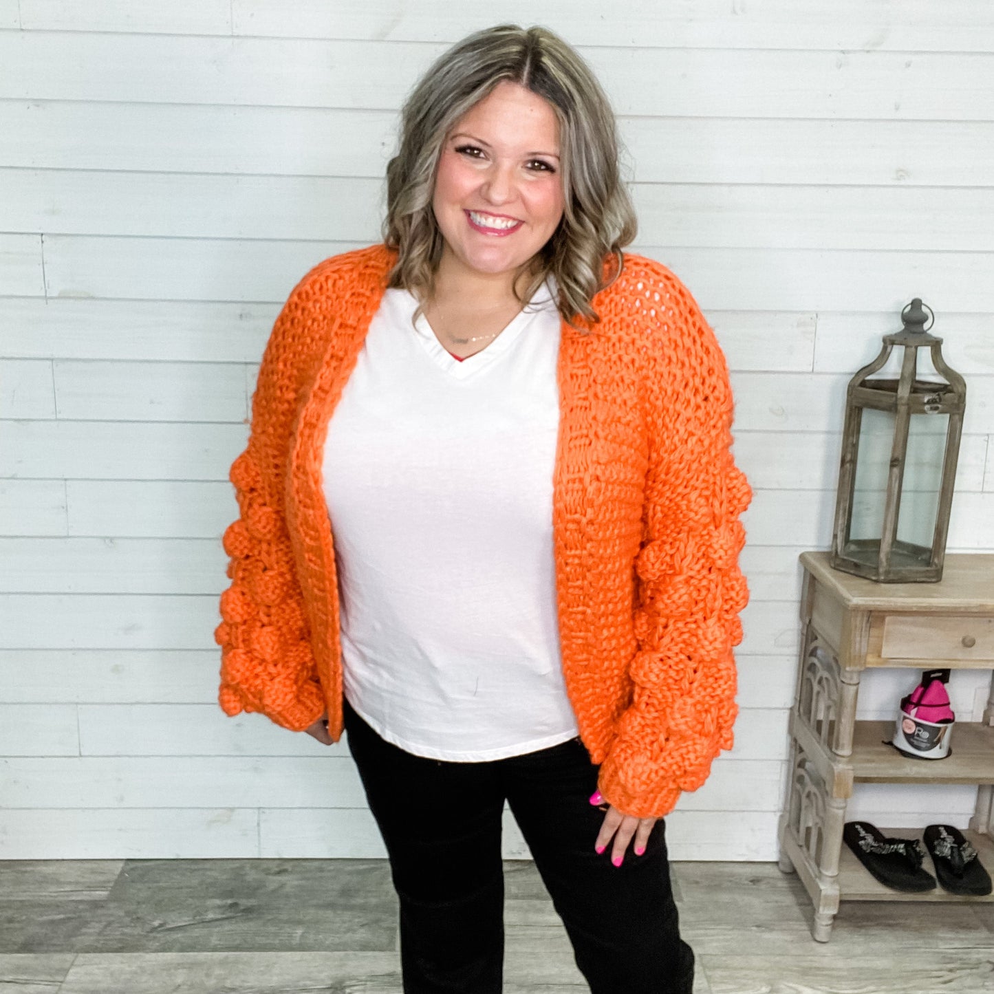 "Desi" Large Weave Pom Pom Sleeve Cardigan (Orange)