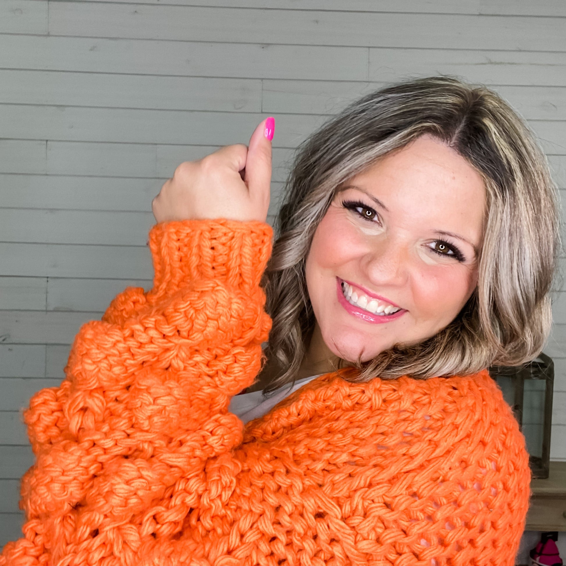 "Desi" Large Weave Pom Pom Sleeve Cardigan (Orange)
