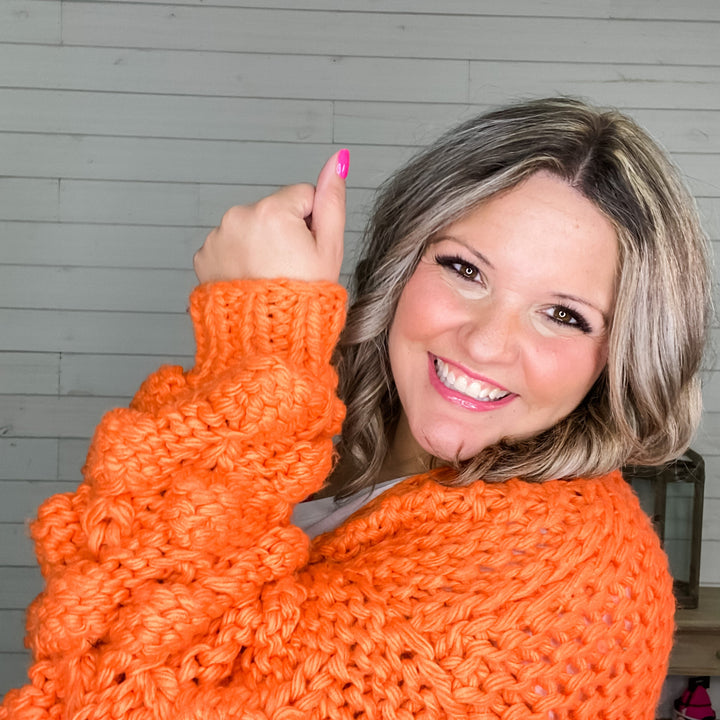 "Desi" Large Weave Pom Pom Sleeve Cardigan (Orange)