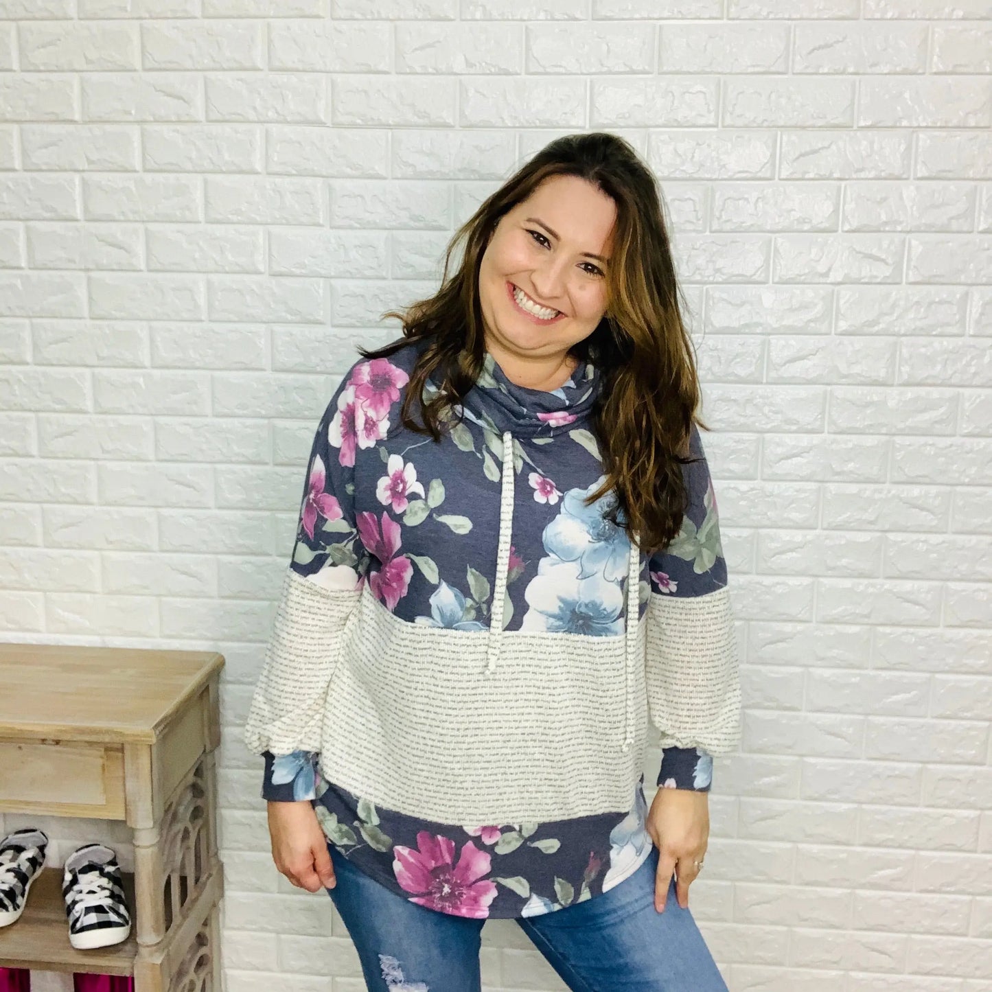 "Destiny" Floral & Stripe Cowl Neck