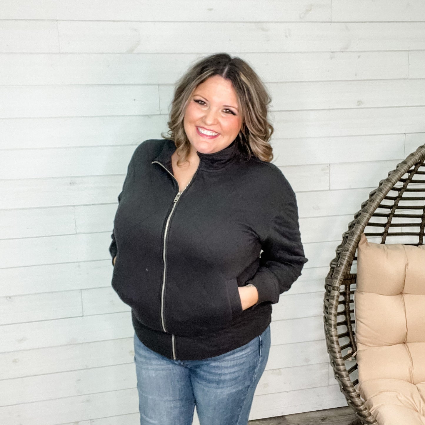 Diamond Quilted Full Zip Jacket (Charcoal)